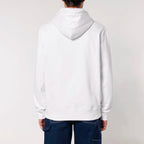 Unisex Heavyweight Organic Hoodie White model male back Bend Not Break