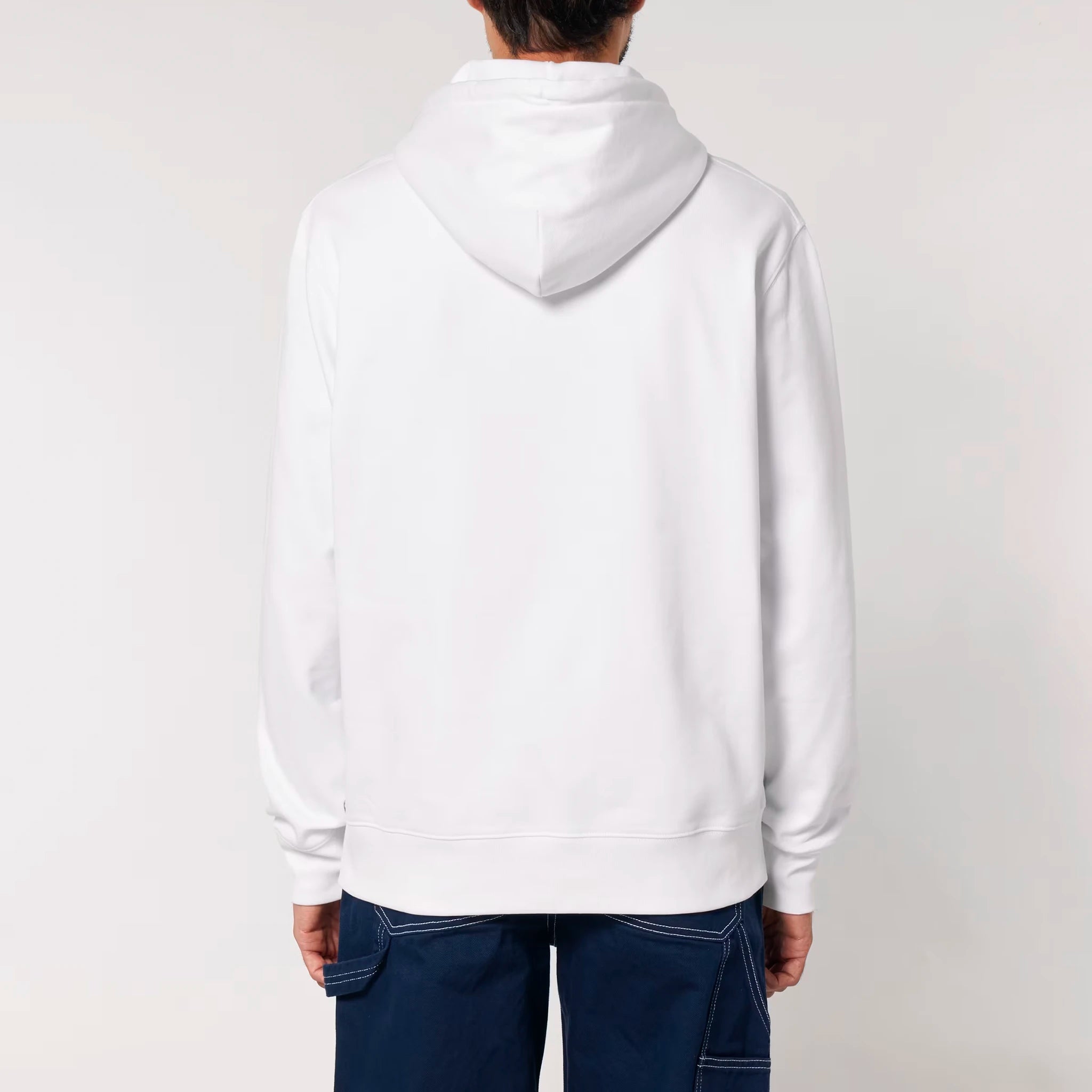 Unisex Heavyweight Organic Hoodie White model male back Bend Not Break
