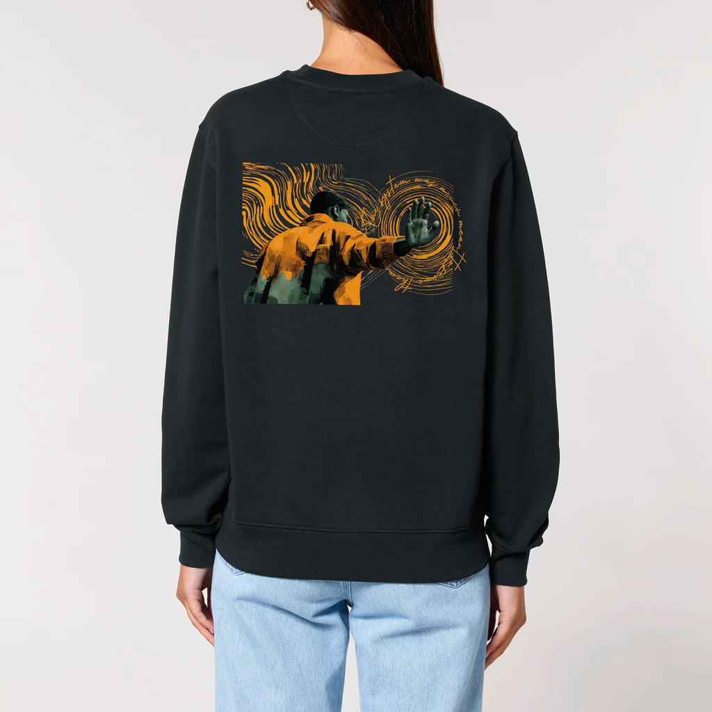 Unisex Heavyweight Organic Sweatshirt Black model female back Hollow System