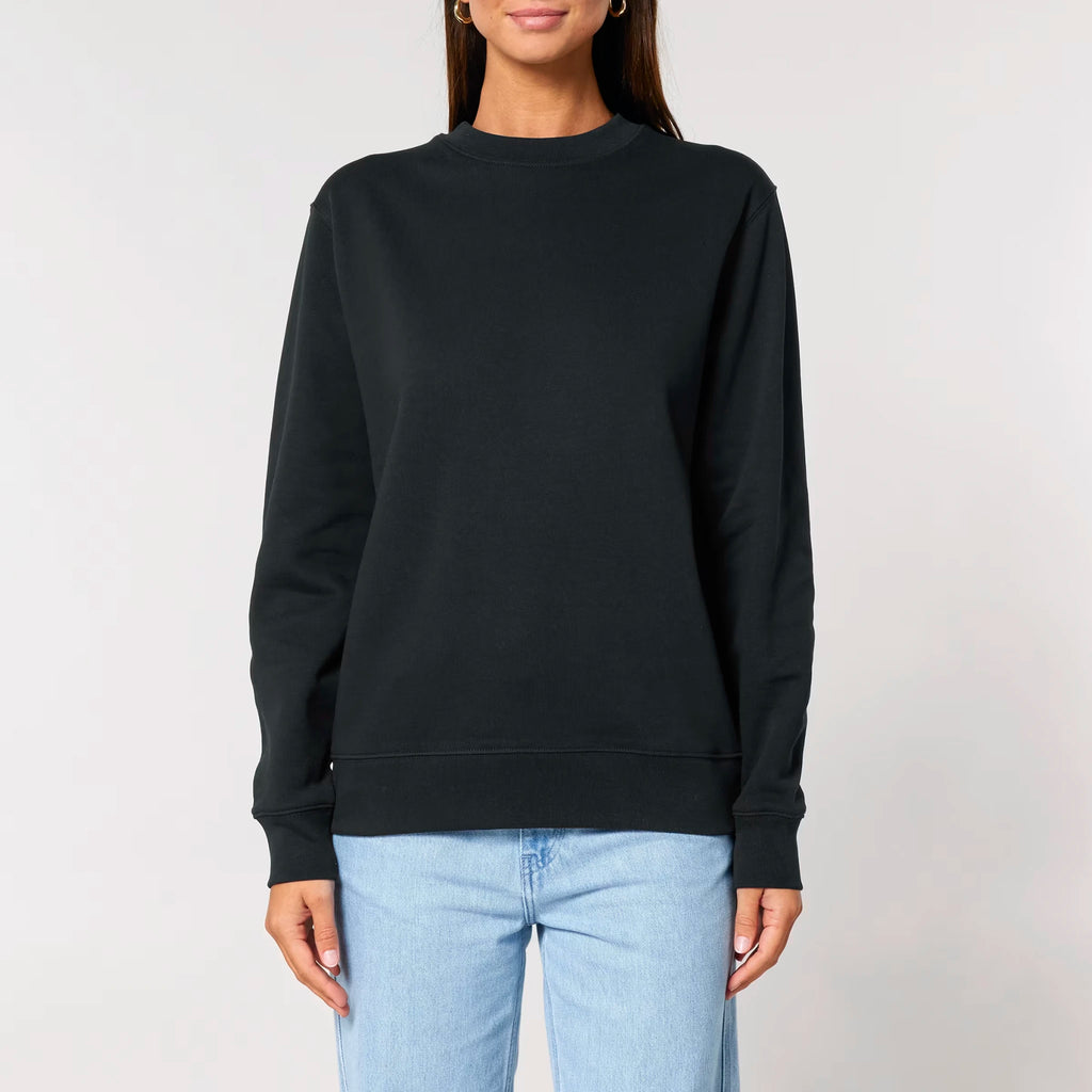 Unisex Heavyweight Organic Sweatshirt Black model female front Life on Display