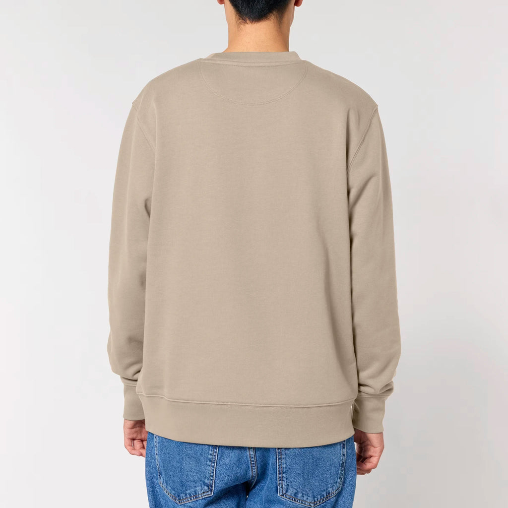 Unisex Heavyweight Organic Sweatshirt Desert Dust model male back Bend Not Break