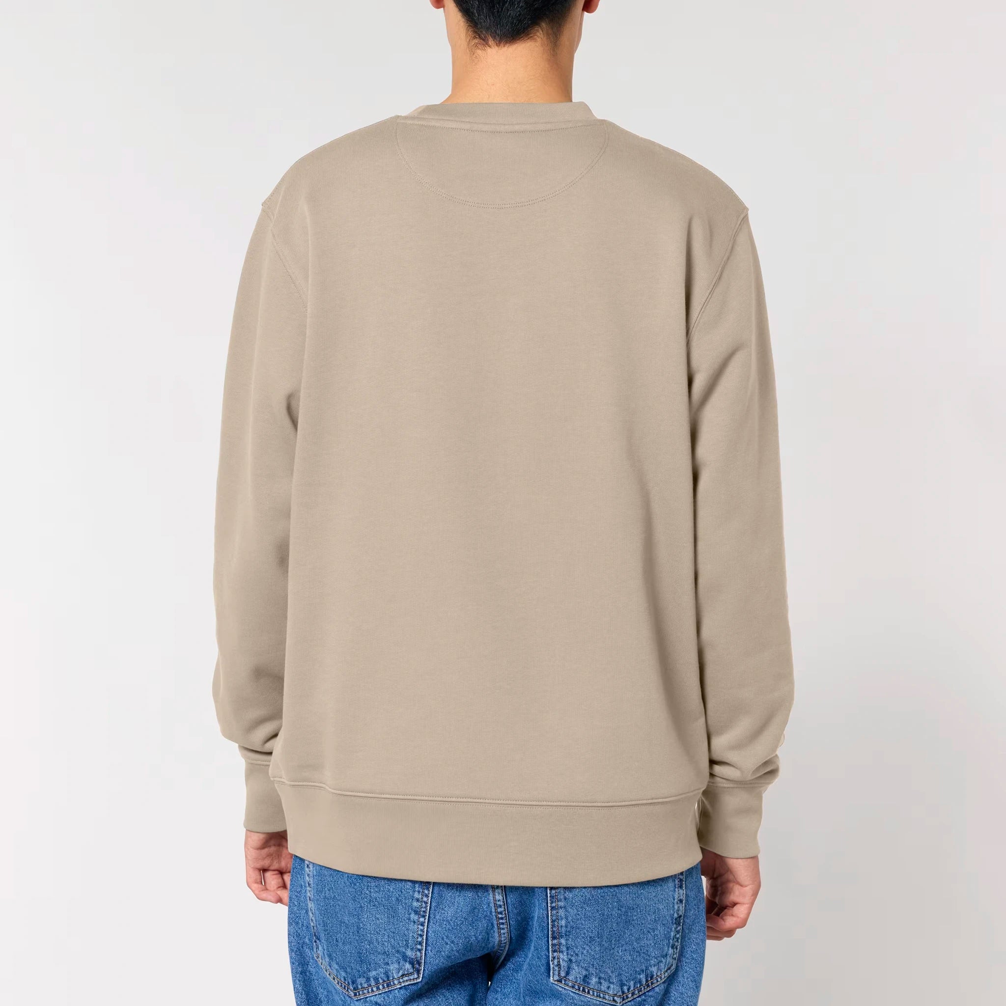 Unisex Heavyweight Organic Sweatshirt Desert Dust model male back Bend Not Break