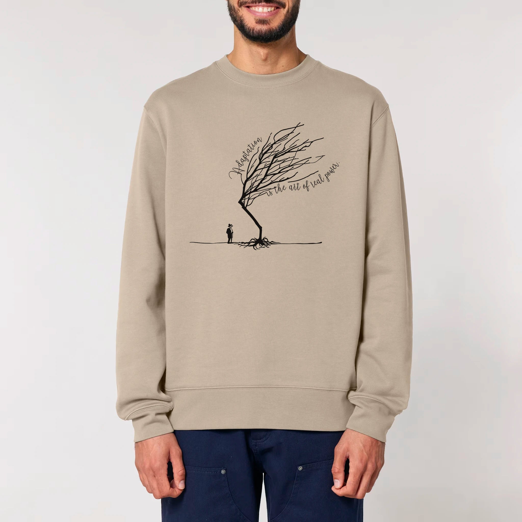 Unisex Heavyweight Organic Sweatshirt Desert Dust model male front Bend Not Break