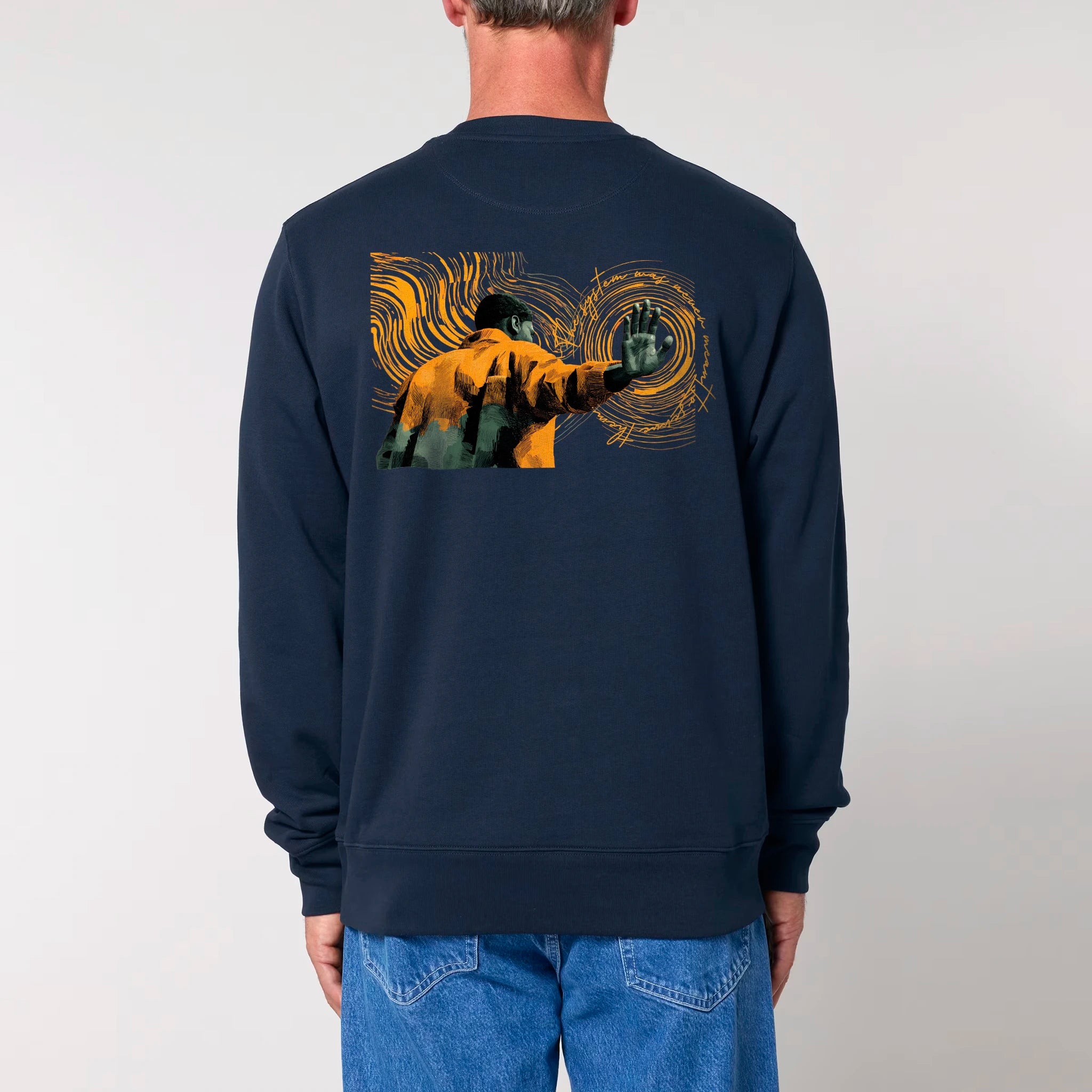 Unisex Heavyweight Organic Sweatshirt French Navy model male back Hollow System