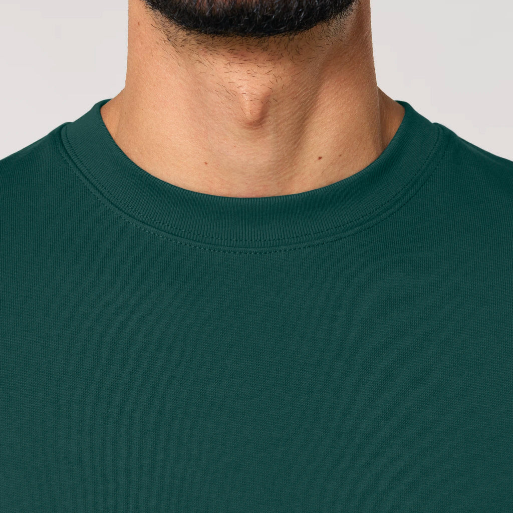 Unisex Heavyweight Organic Sweatshirt Glazed Green neck model Life on Display