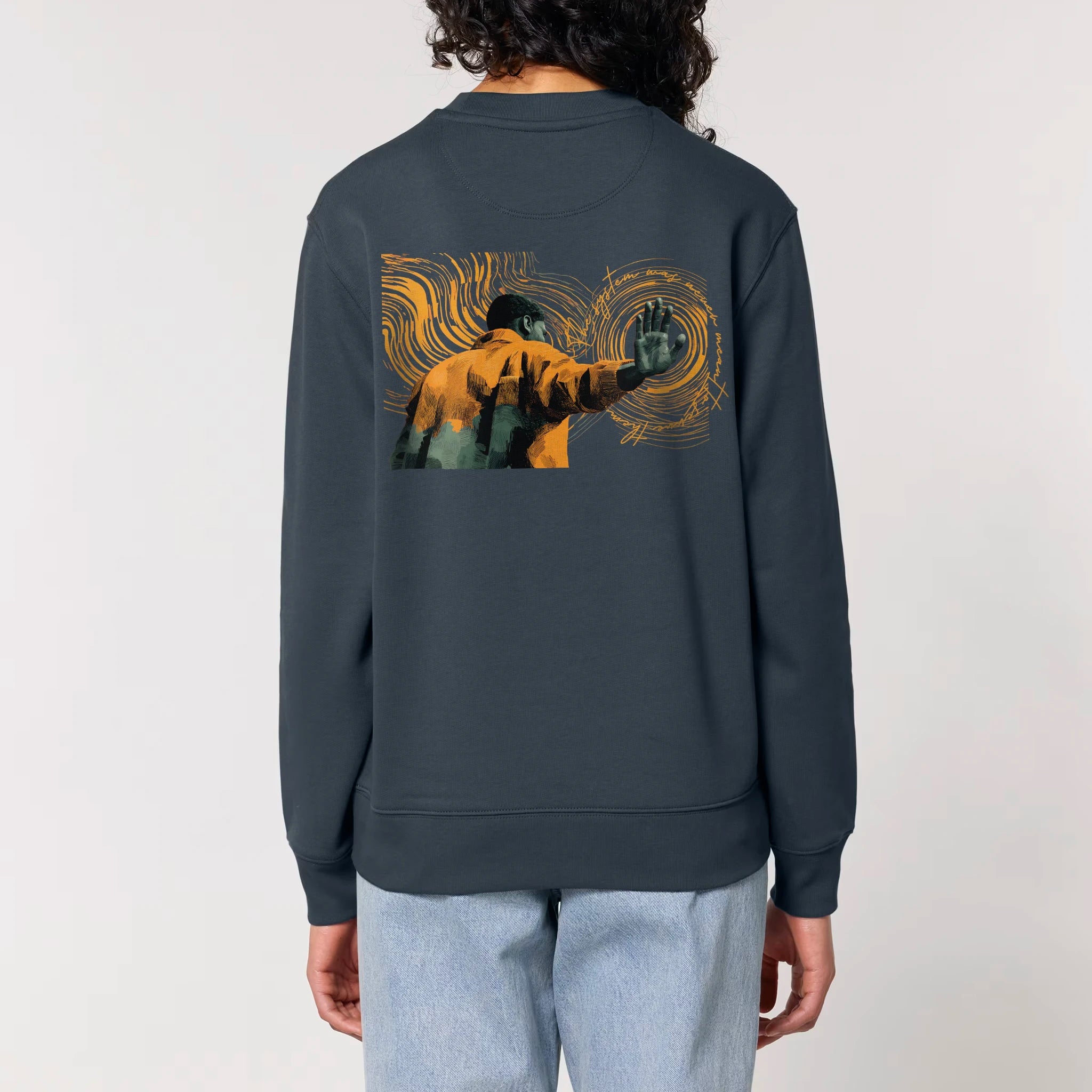 Unisex Heavyweight Organic Sweatshirt India Ink Grey model female back Hollow System