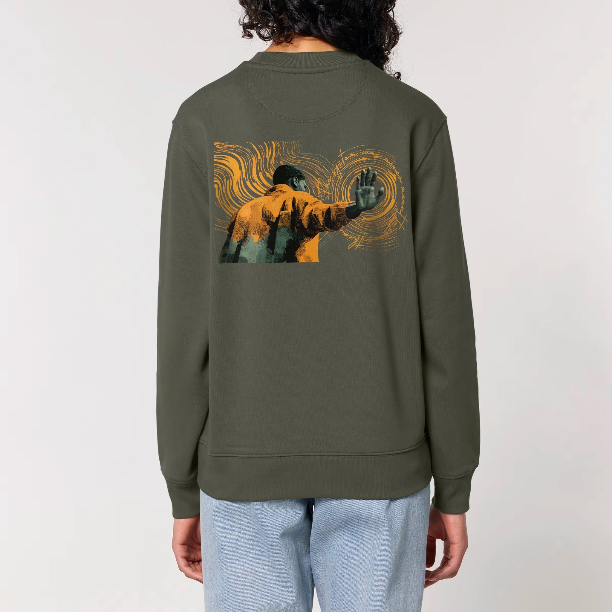 Unisex Heavyweight Organic Sweatshirt Khaki model female back Hollow System