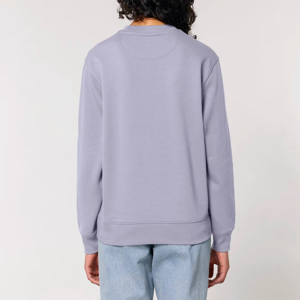 Unisex Heavyweight Organic Sweatshirt Lavender model female back Bend Not Break