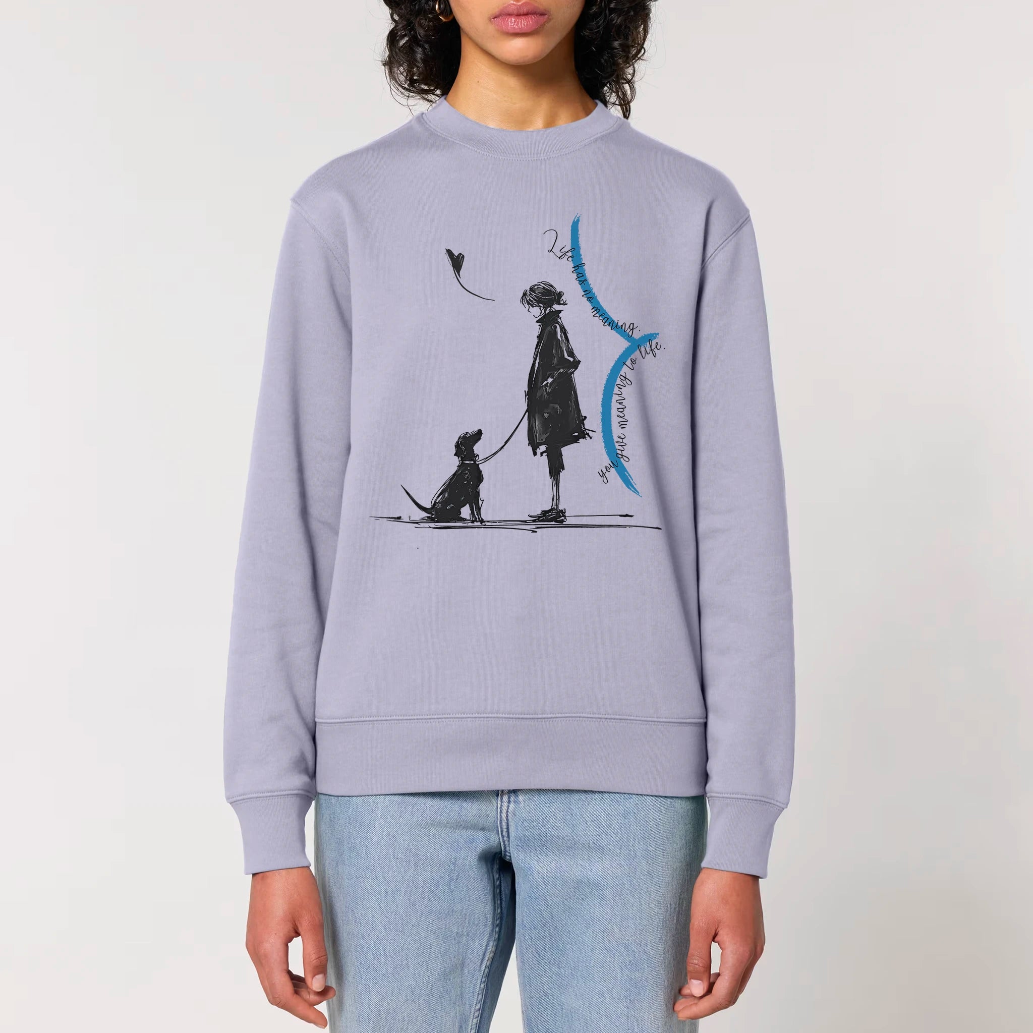 Unisex Heavyweight Organic Sweatshirt Lavender model female front Meaningful Life