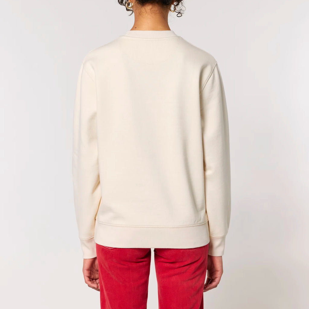 Unisex Heavyweight Organic Sweatshirt Natural Raw model female back Bend Not Break