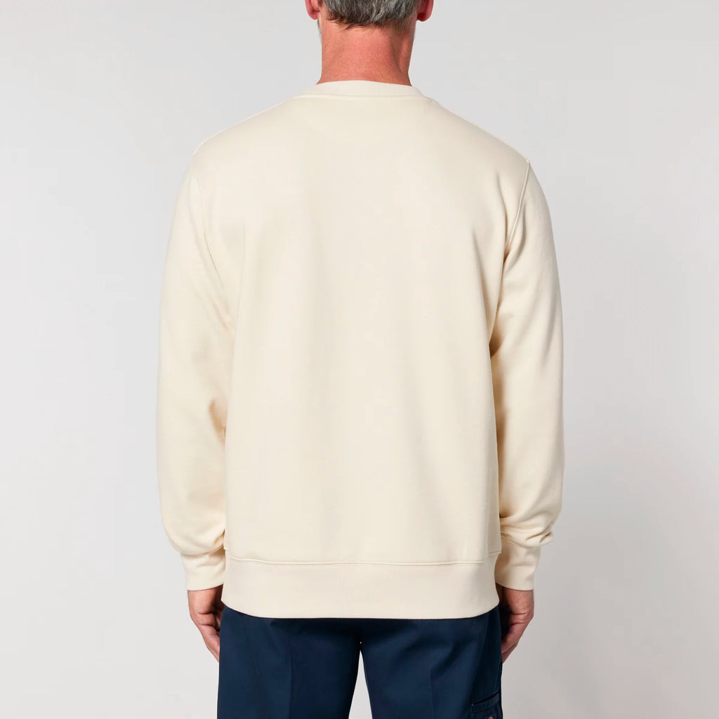 Unisex Heavyweight Organic Sweatshirt Natural Raw model male back Meaningful Life