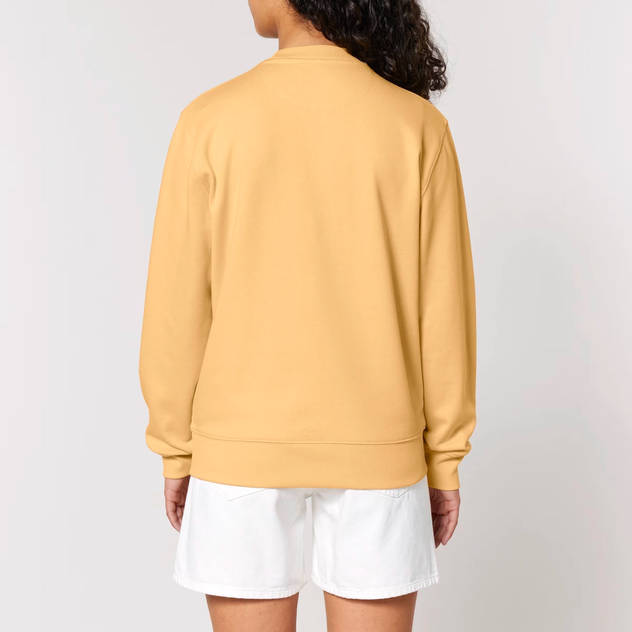 Unisex Heavyweight Organic Sweatshirt Nispero model female back Meaningful Life