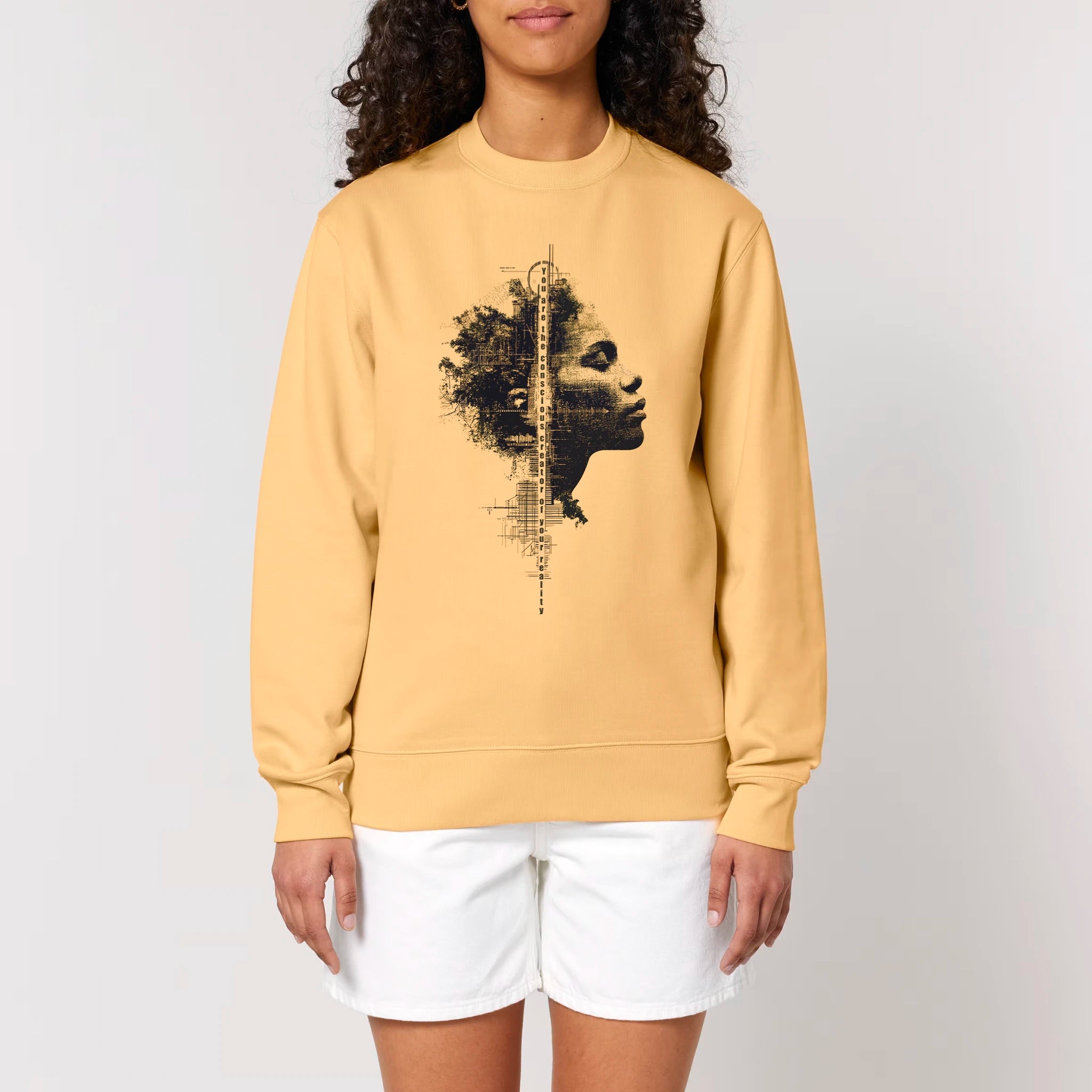 Unisex Heavyweight Organic Sweatshirt Nispero model female front Conscious Creator