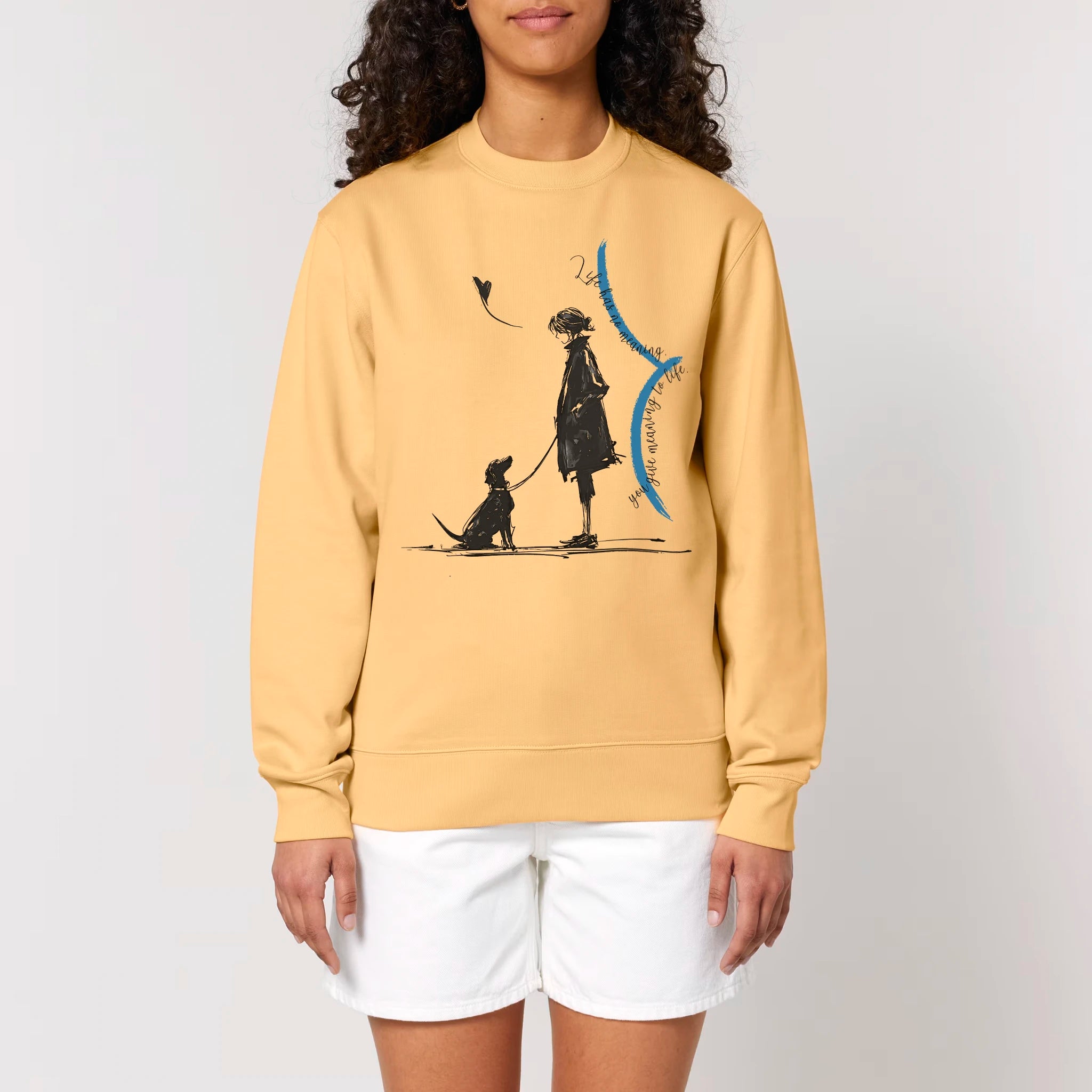 Unisex Heavyweight Organic Sweatshirt Nispero model female front Meaningful Life