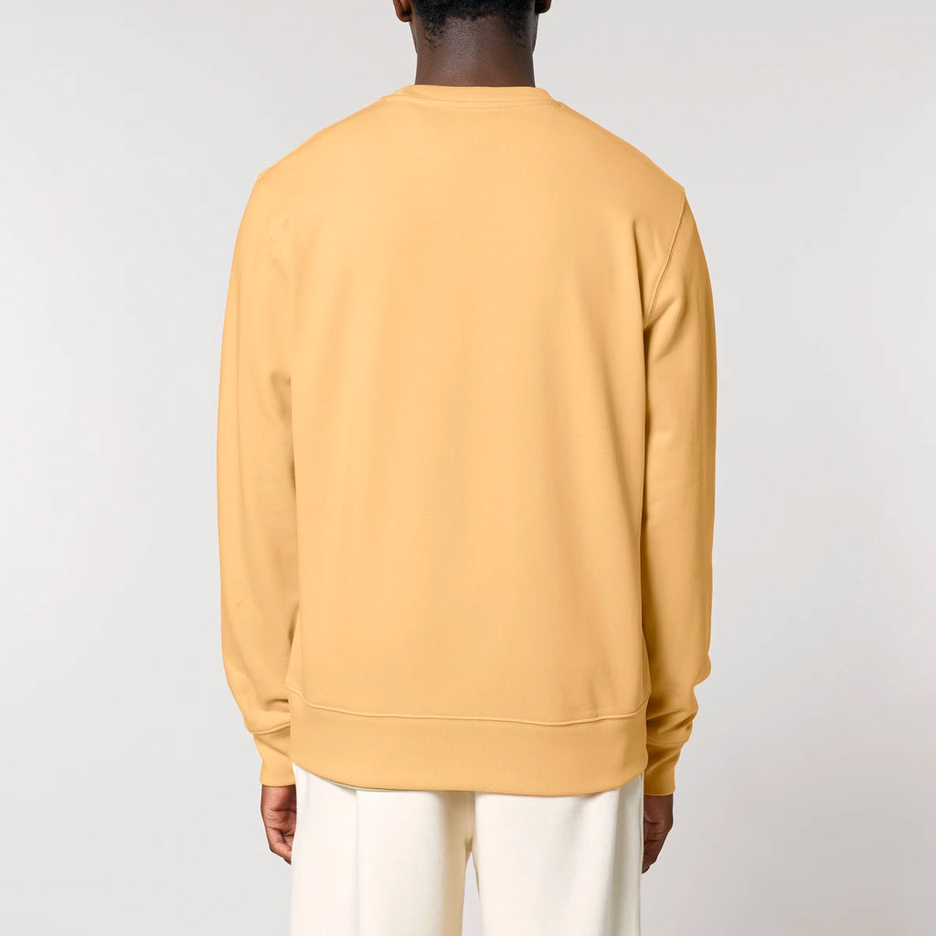 Unisex Heavyweight Organic Sweatshirt Nispero model male back Bend Not Break