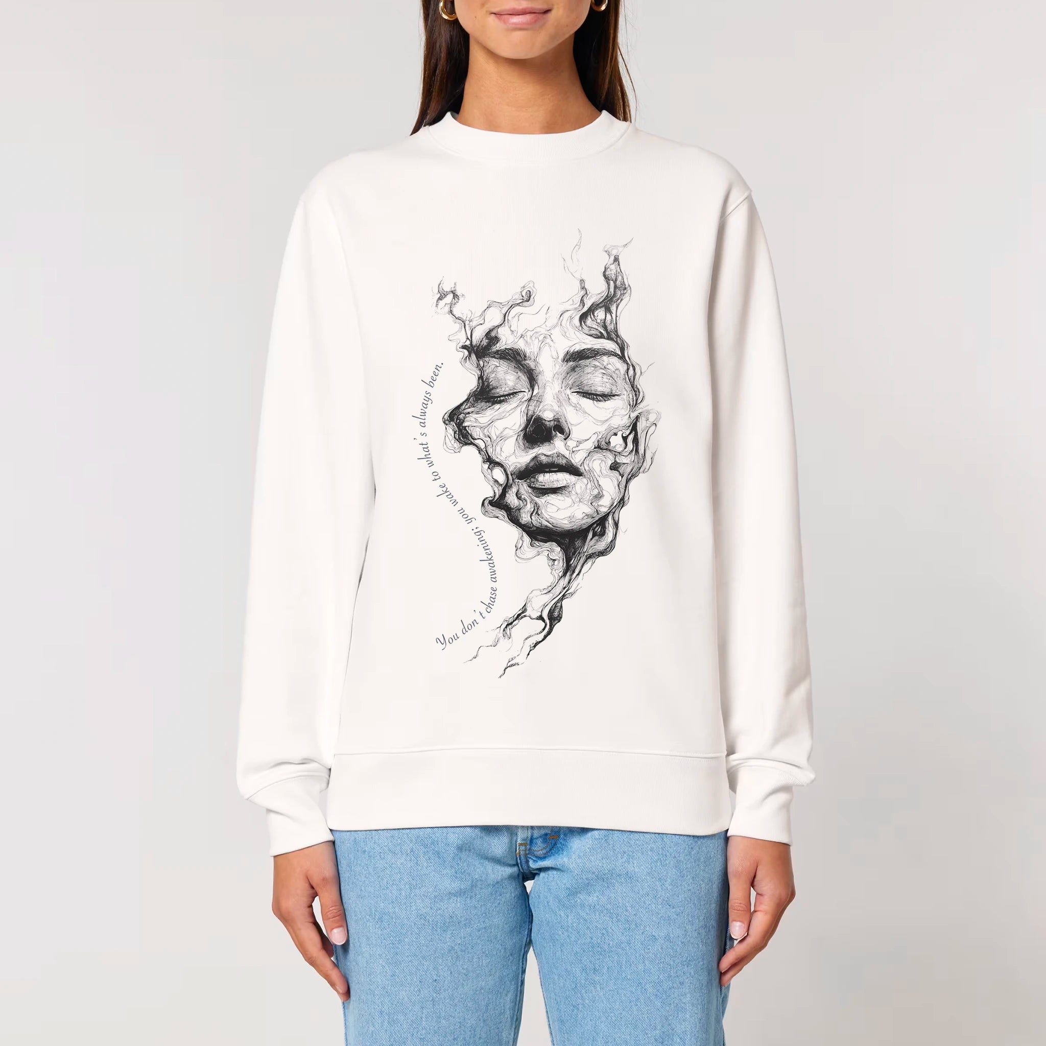 Unisex Heavyweight Organic Sweatshirt Off-white model female front Always Been 