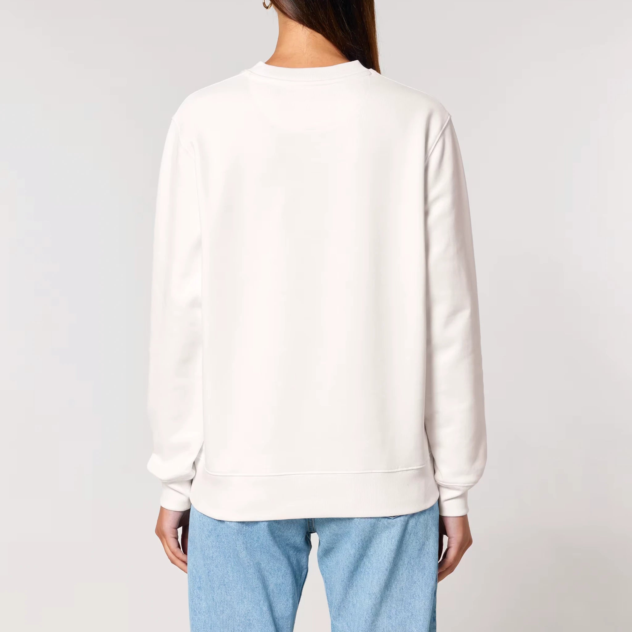 Unisex Heavyweight Organic Sweatshirt Off-white model female back Always Been 