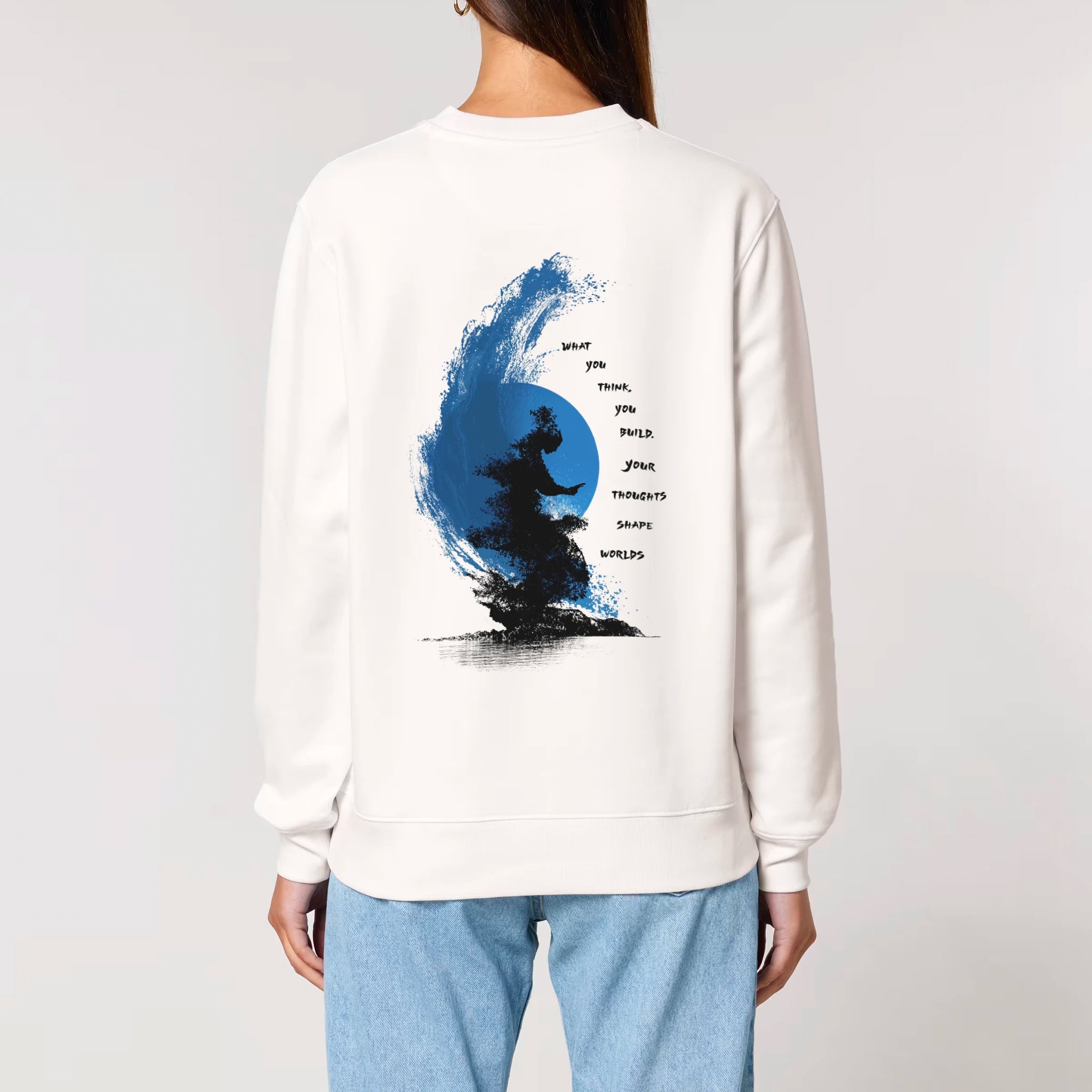 Unisex Heavyweight Organic Sweatshirt Off-white model female back No Limits