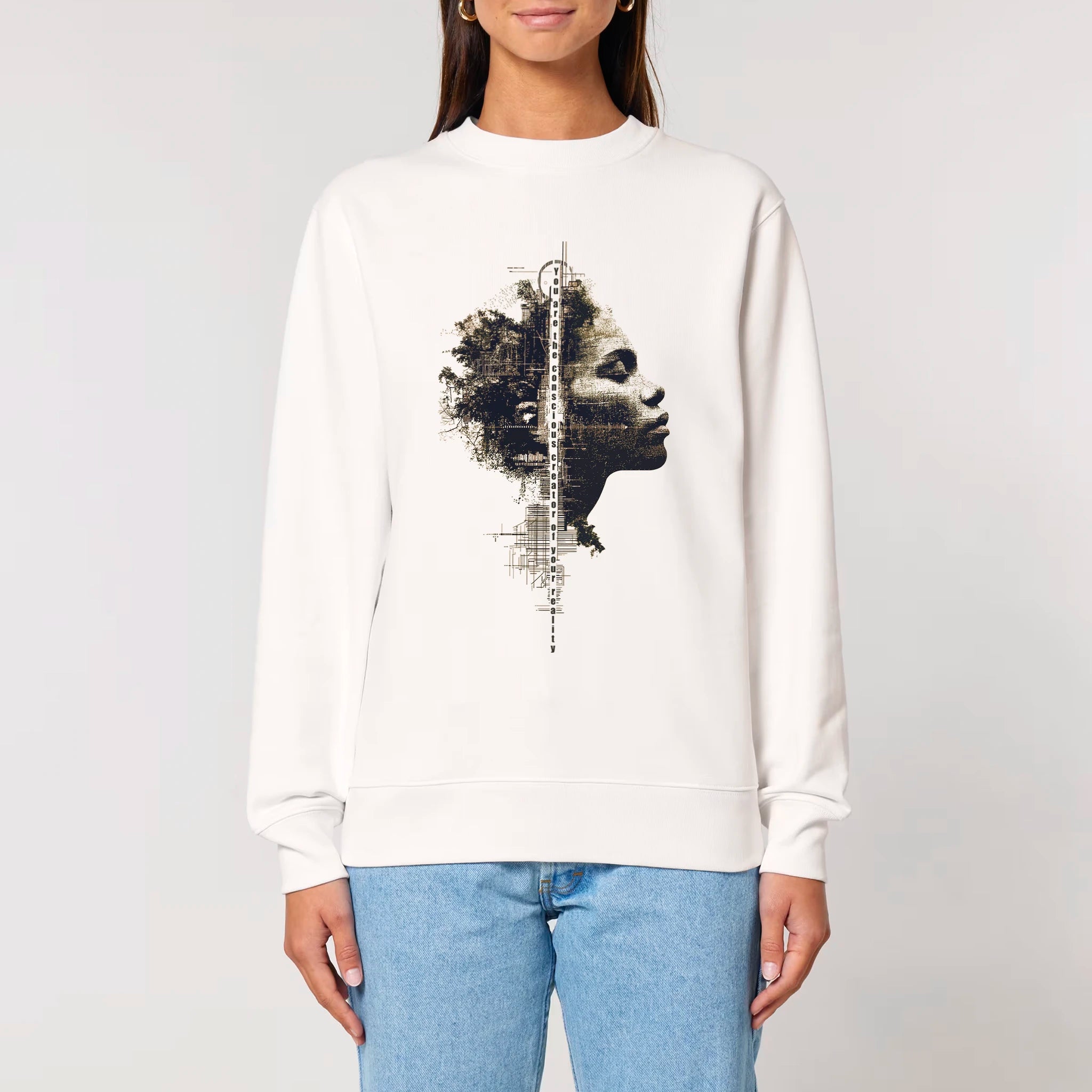 Unisex Heavyweight Organic Sweatshirt Off-white model female front Conscious Creator