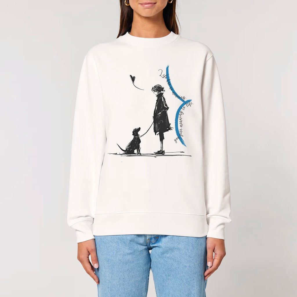 Unisex Heavyweight Organic Sweatshirt Off-white model female front Meaningful Life