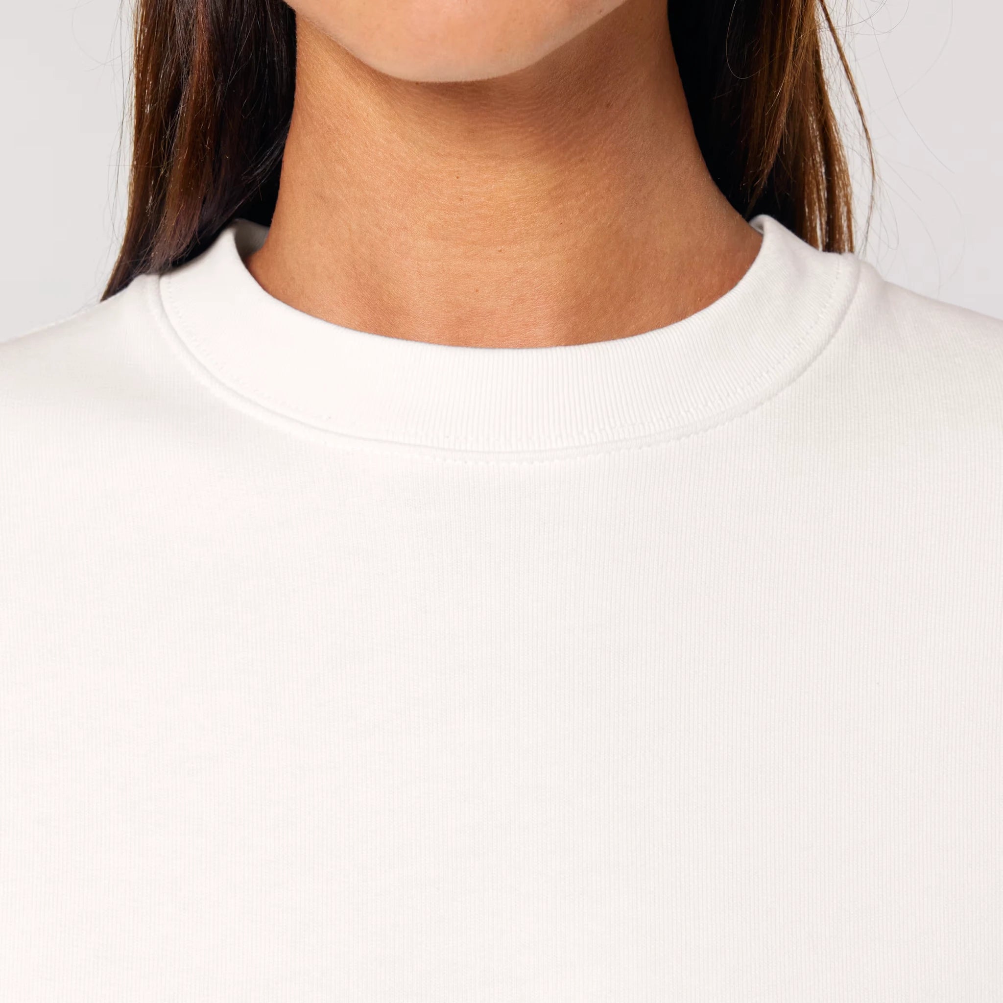 Unisex Heavyweight Organic Sweatshirt Off-white neck model Always Been 