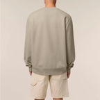 Unisex Heavyweight Organic Sweatshirt Stone model male back Bend Not Break