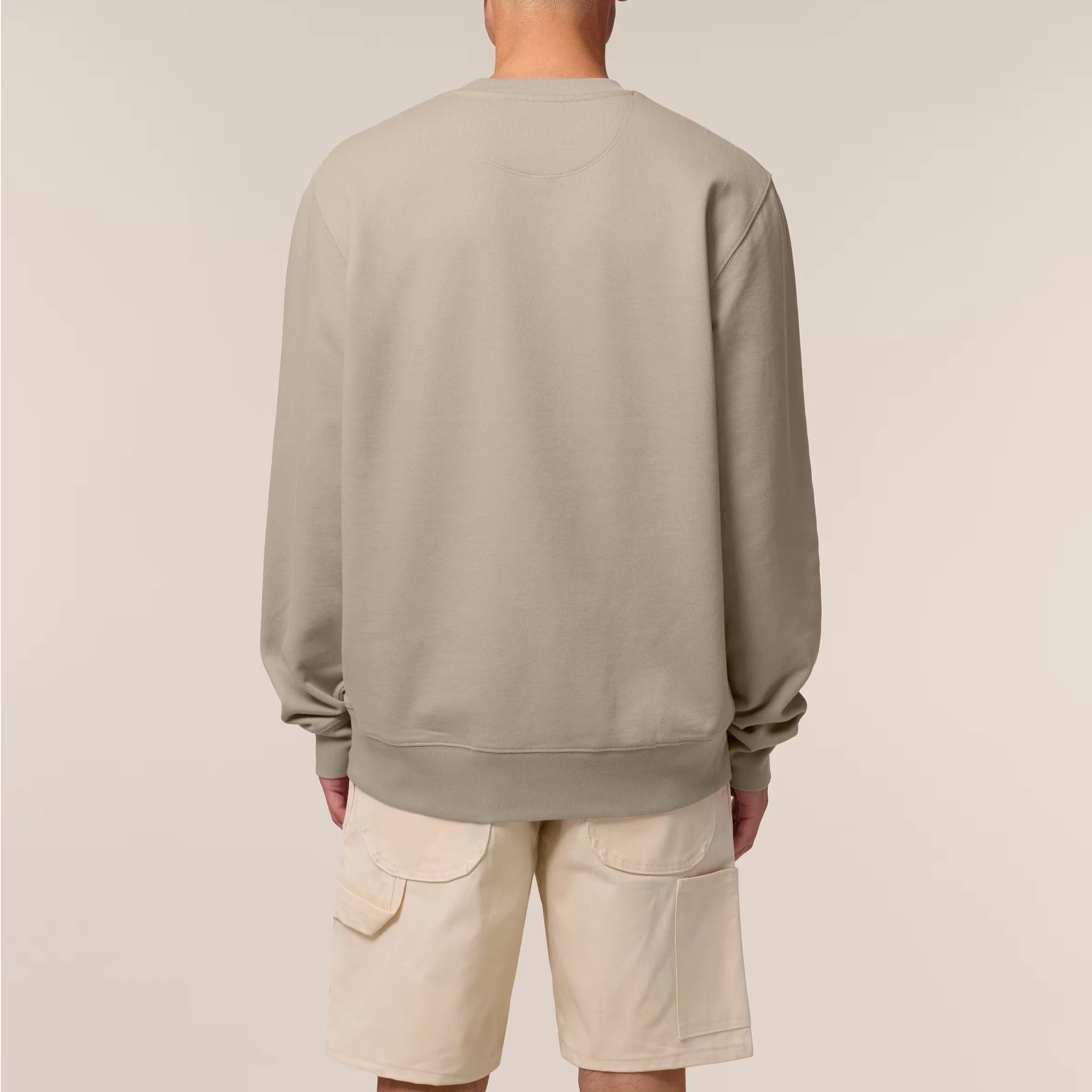 Unisex Heavyweight Organic Sweatshirt Stone model male back Bend Not Break