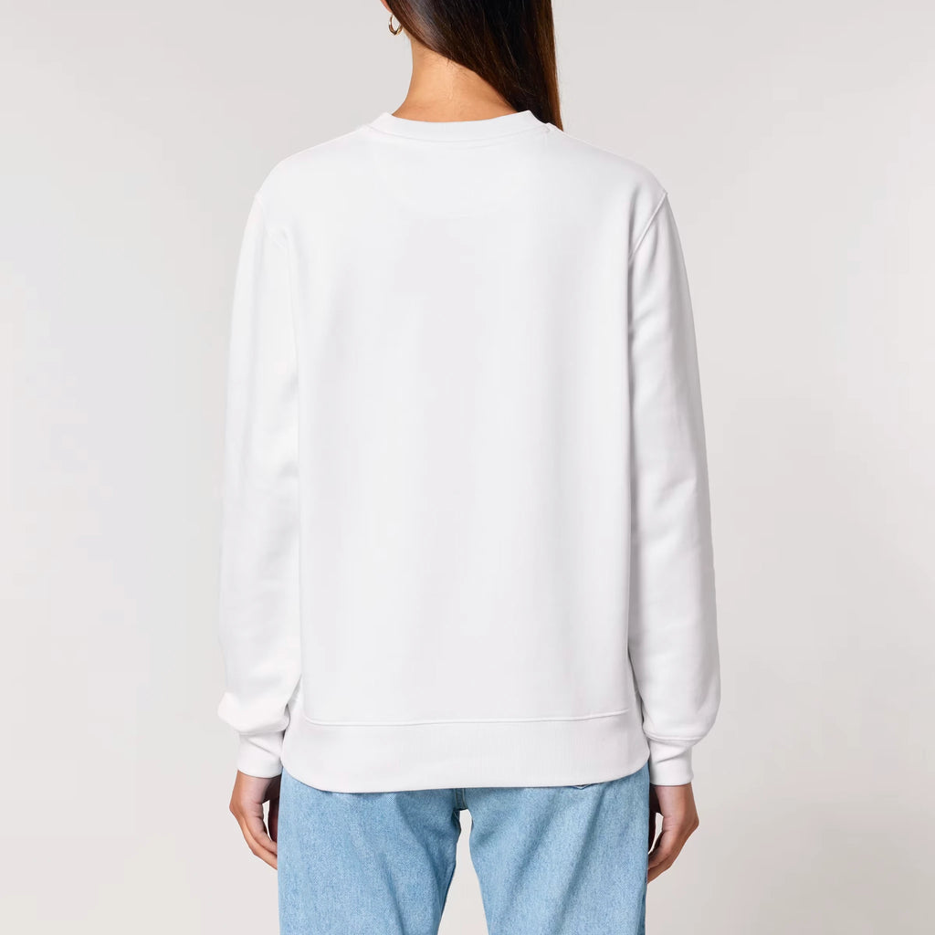 Unisex Heavyweight Organic Sweatshirt White model female back Always Been 