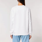 Unisex Heavyweight Organic Sweatshirt White model female back Always Been 