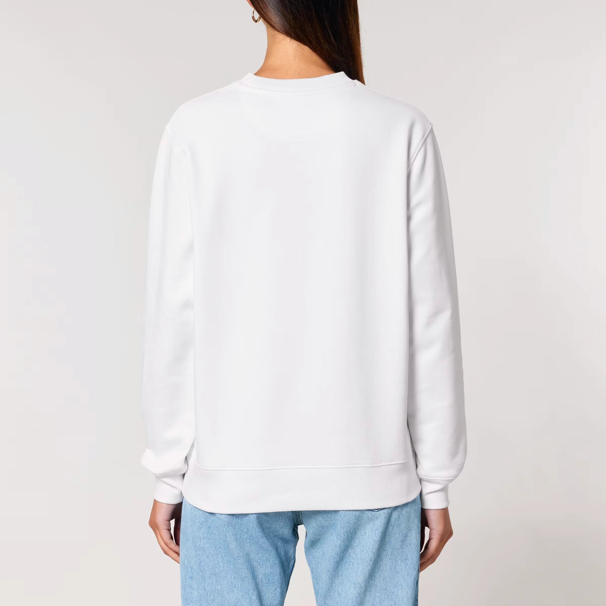 Unisex Heavyweight Organic Sweatshirt White model female back Always Been 