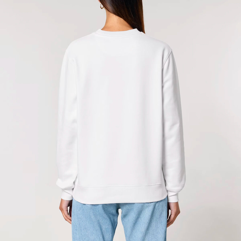 Unisex Heavyweight Organic Sweatshirt White model female back Bend Not Break