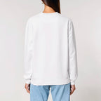 Unisex Heavyweight Organic Sweatshirt White model female back Bend Not Break
