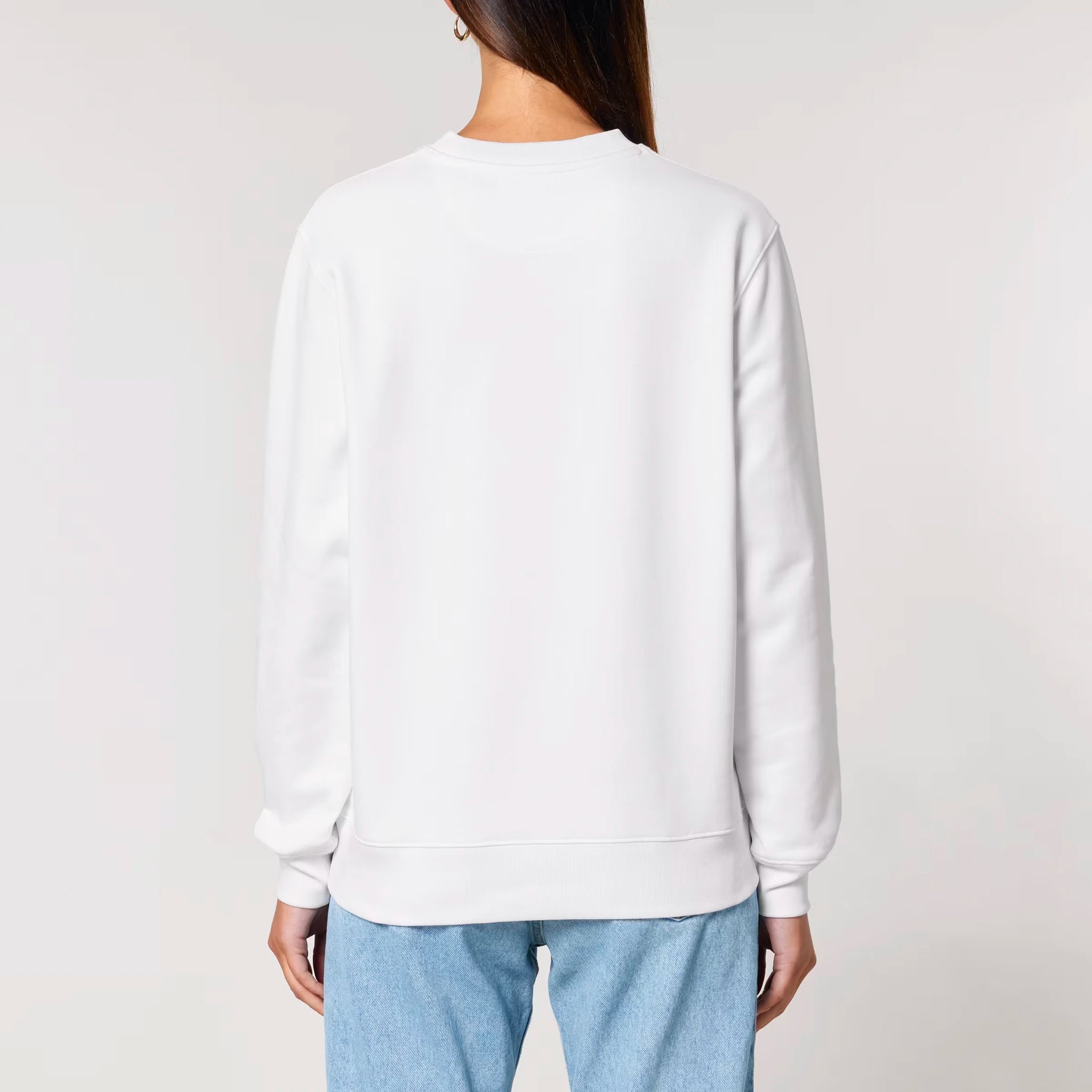 Unisex Heavyweight Organic Sweatshirt White model female back Bend Not Break