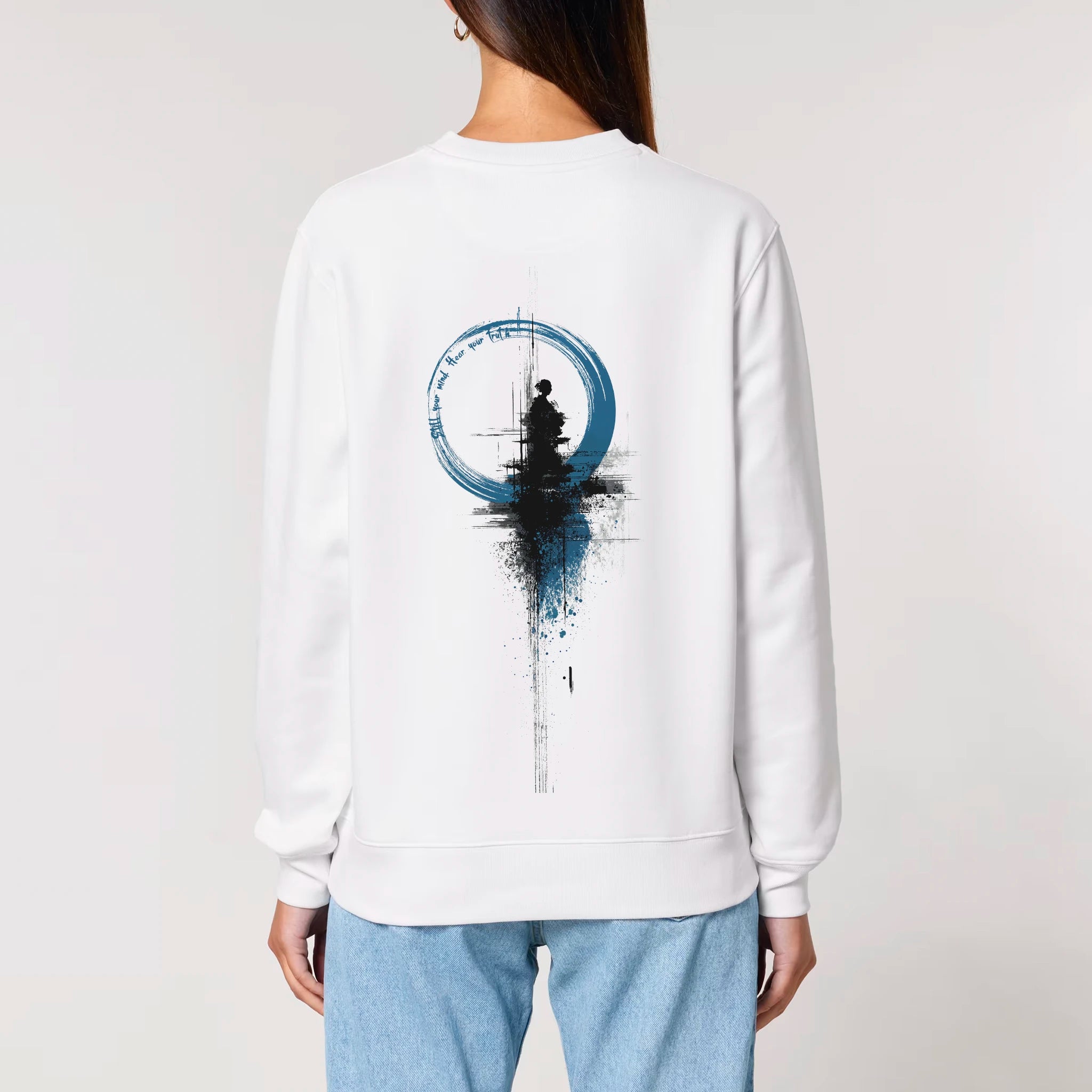 Unisex Heavyweight Organic Sweatshirt White model female back Inner Truth