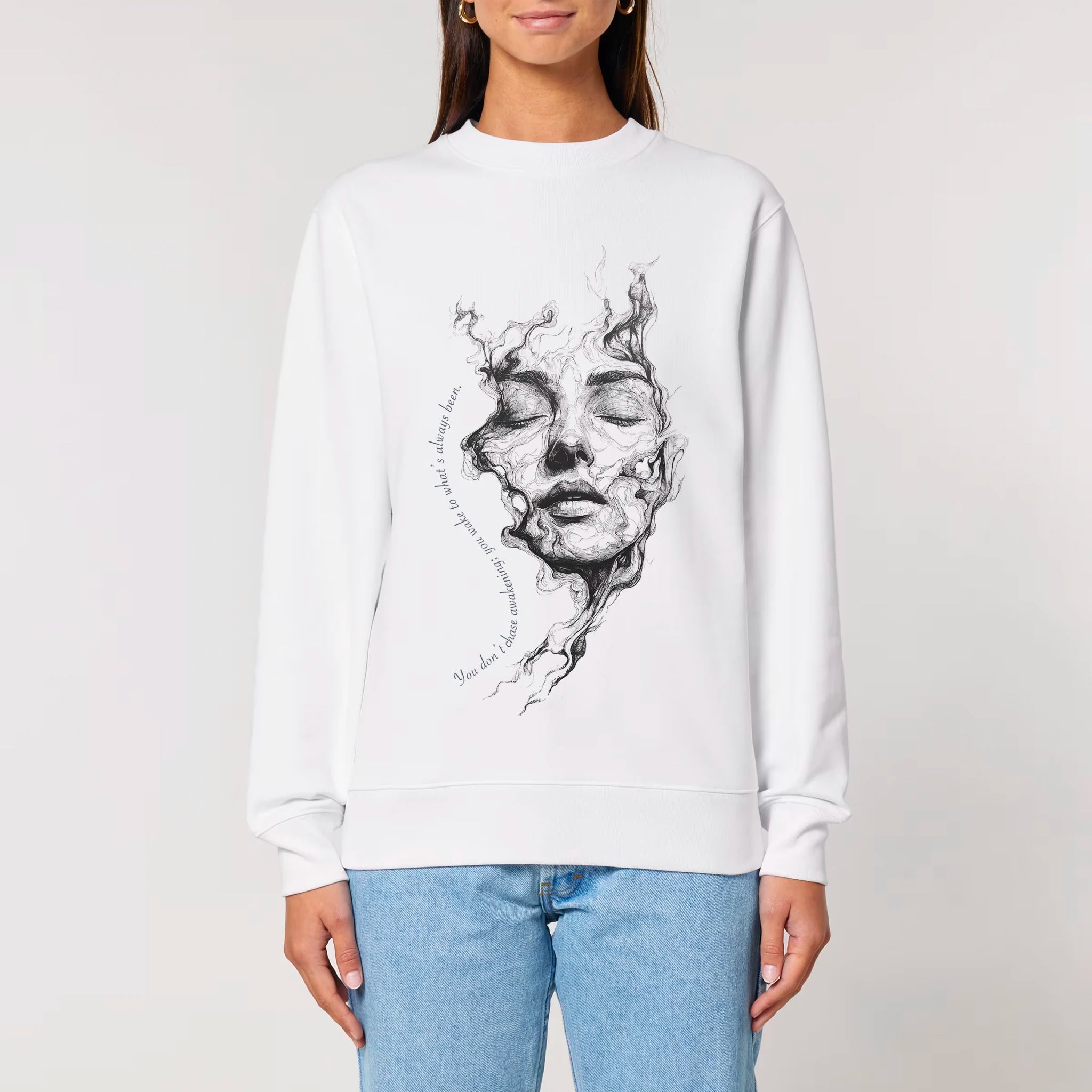 Unisex Heavyweight Organic Sweatshirt White model female front Always Been 