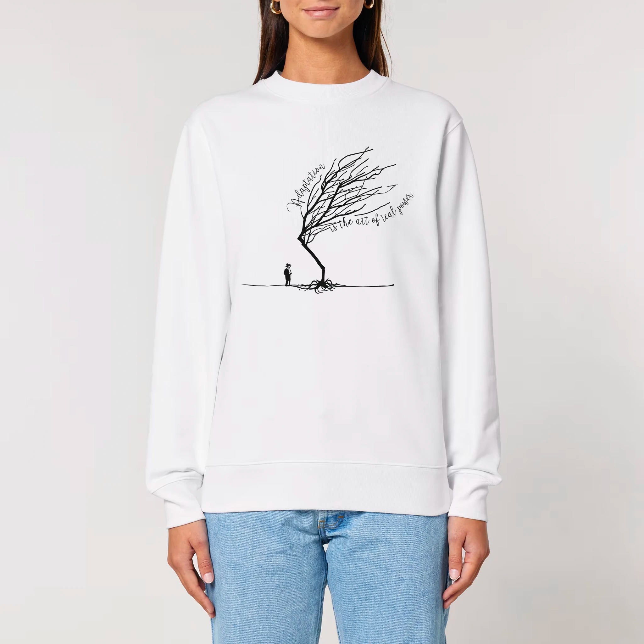 Unisex Heavyweight Organic Sweatshirt White model female front Bend Not Break