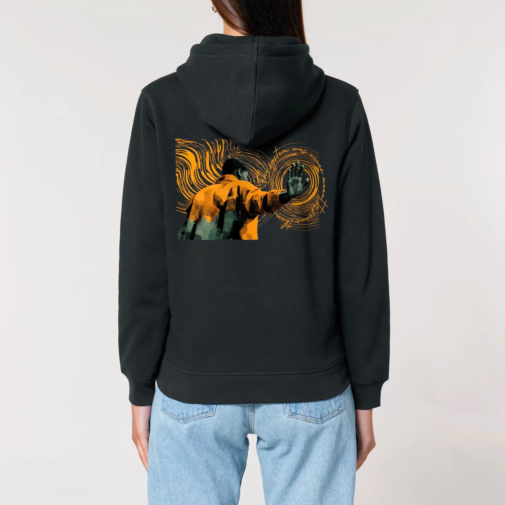 Unisex Midweight Organic Recycled Hoodie Black model female back Hollow System