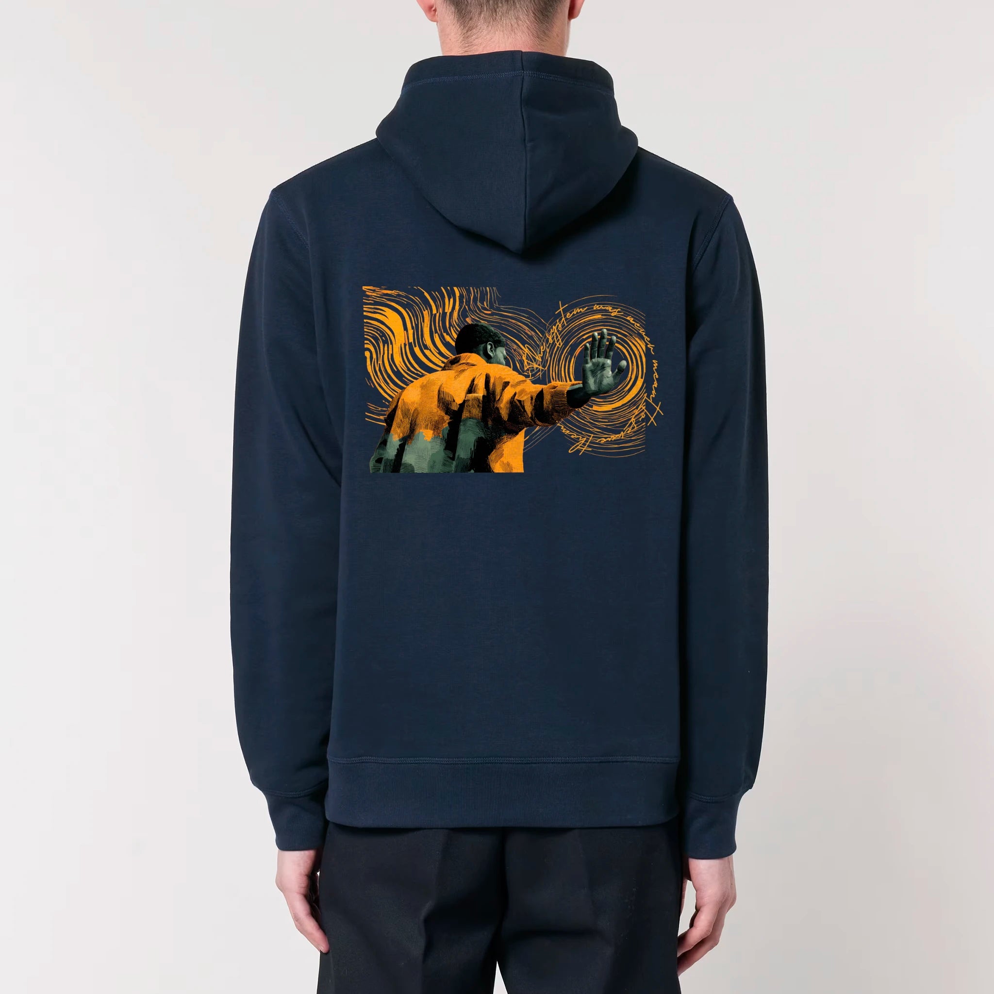 Unisex Midweight Organic Recycled Hoodie French Navy model male back Hollow System