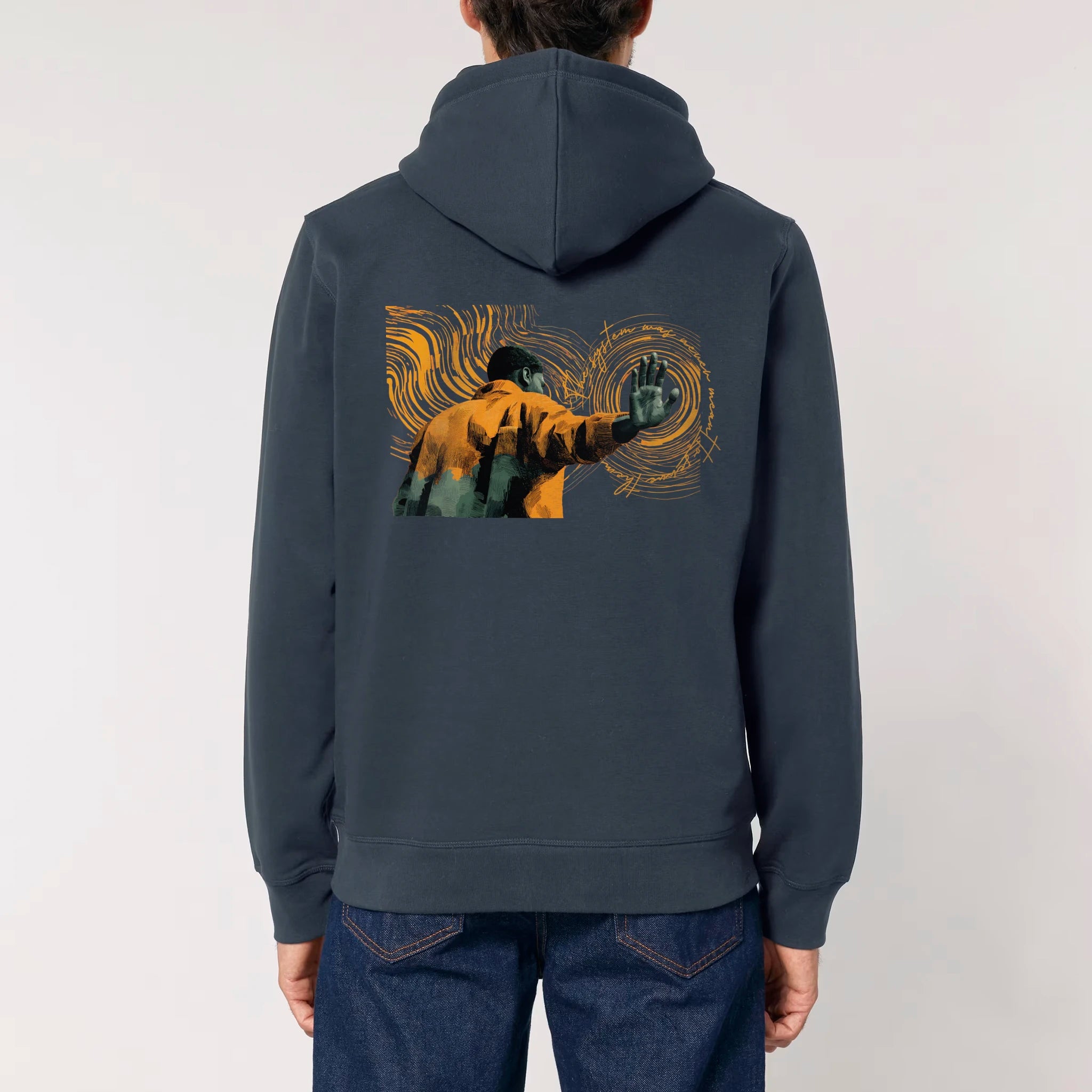 Unisex Midweight Organic Recycled Hoodie India Ink Grey model male back Hollow System