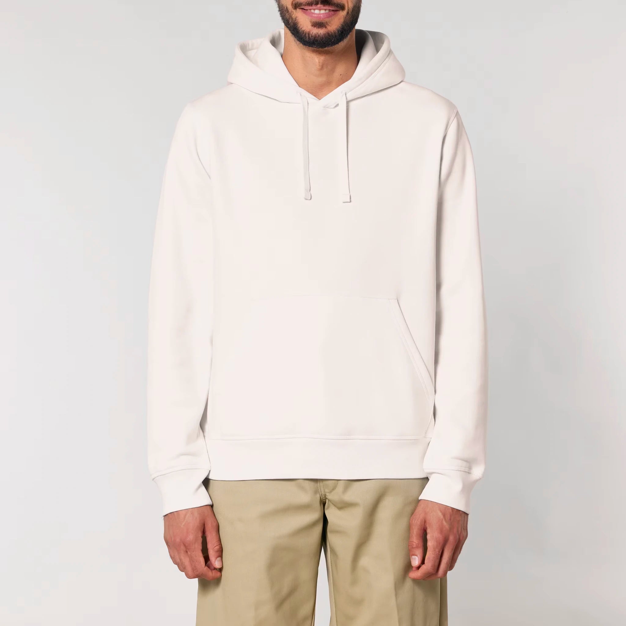 Unisex Midweight Organic Recycled Hoodie Vintage White model male front Vaniform