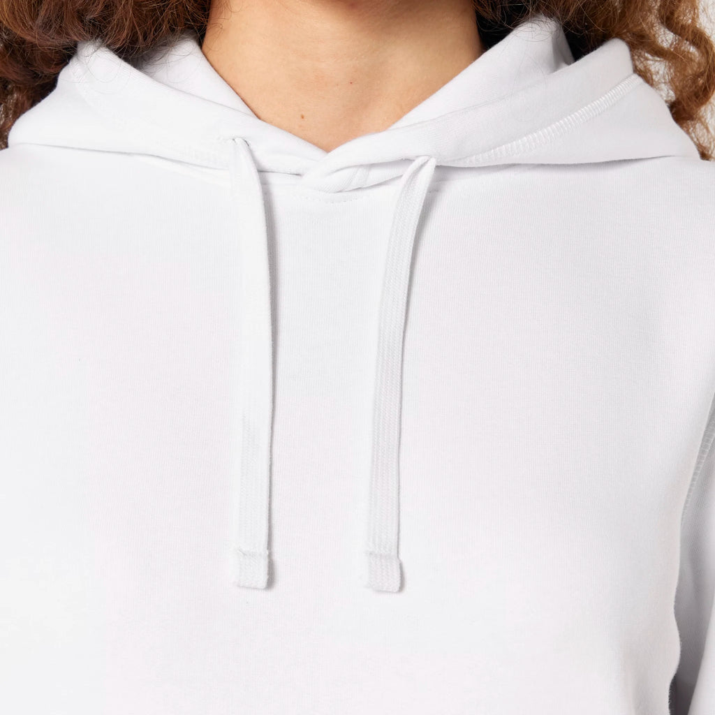 Unisex Midweight Organic Recycled Hoodie White drawcords model Vaniform