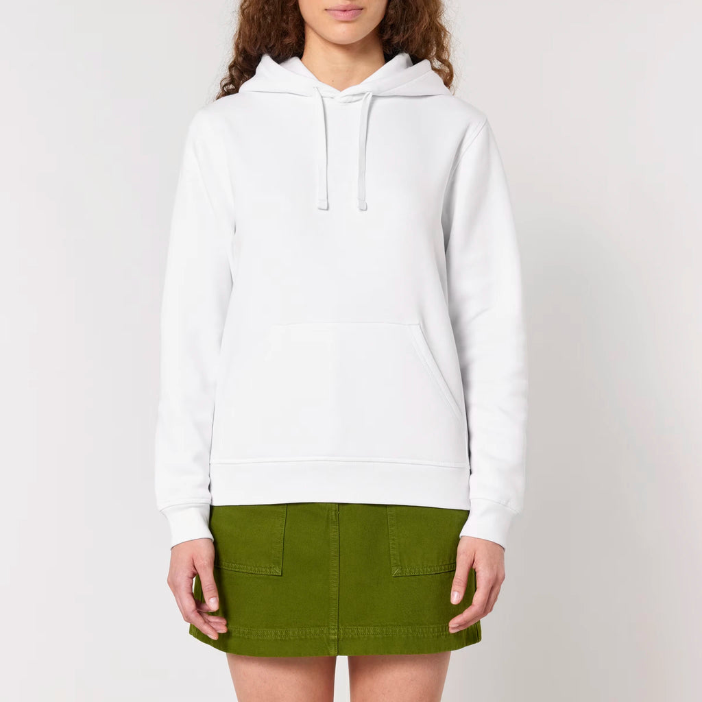 Unisex Midweight Organic Recycled Hoodie White model female front Vaniform