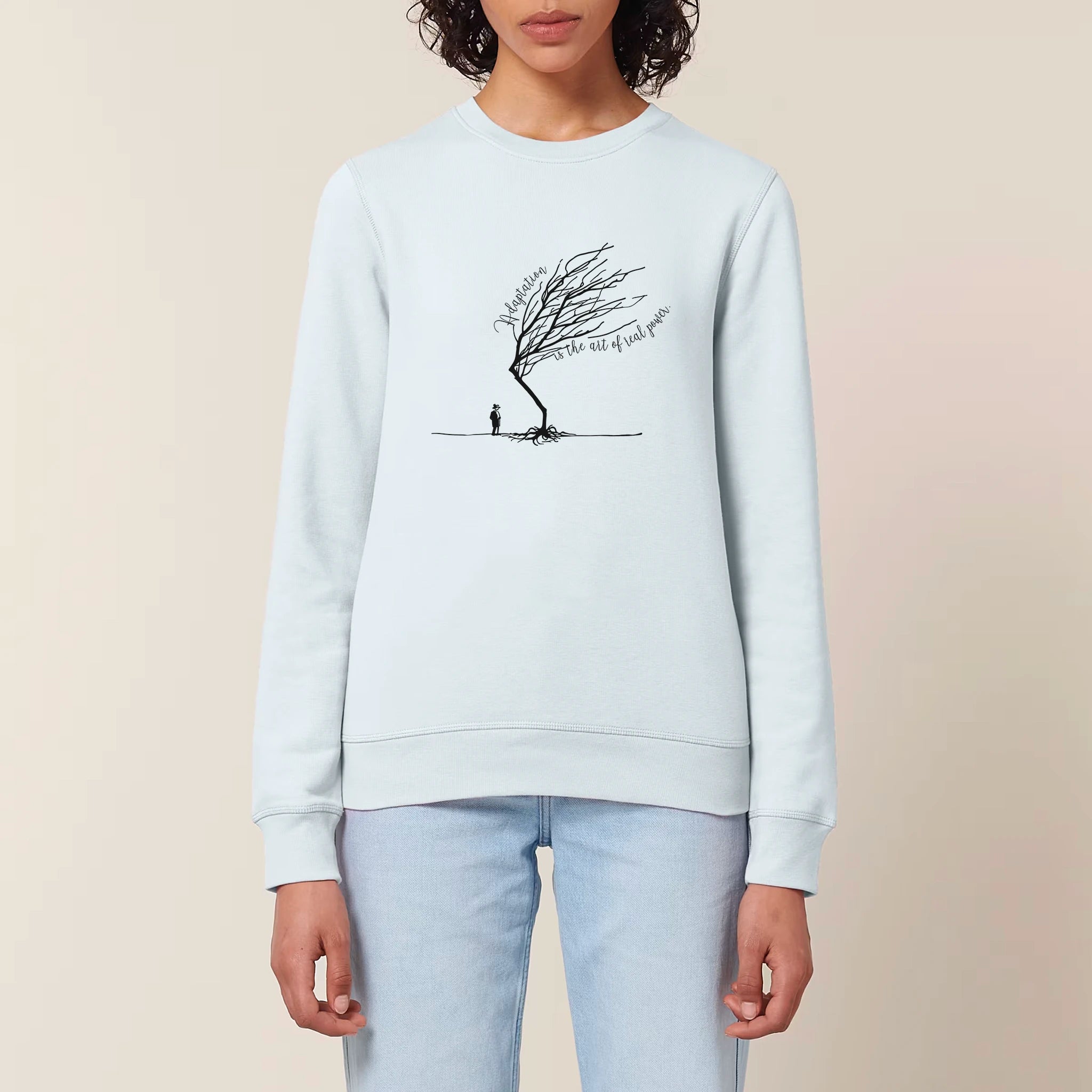 Unisex Midweight Recycled Sweatshirt Blue Ice model female front Bend Not Break