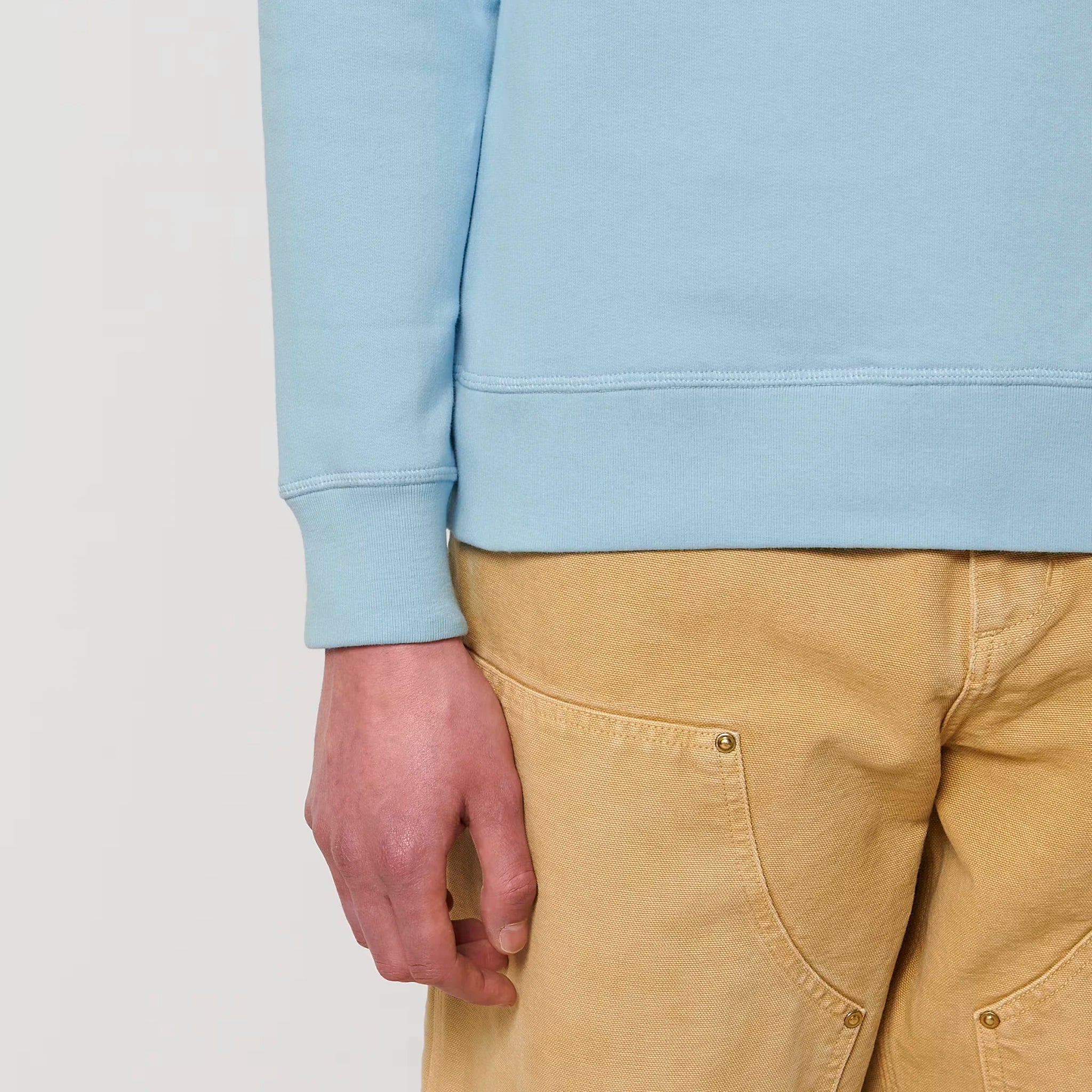 Unisex Midweight Recycled Sweatshirt Sky Blue sleeves model Bend Not Break