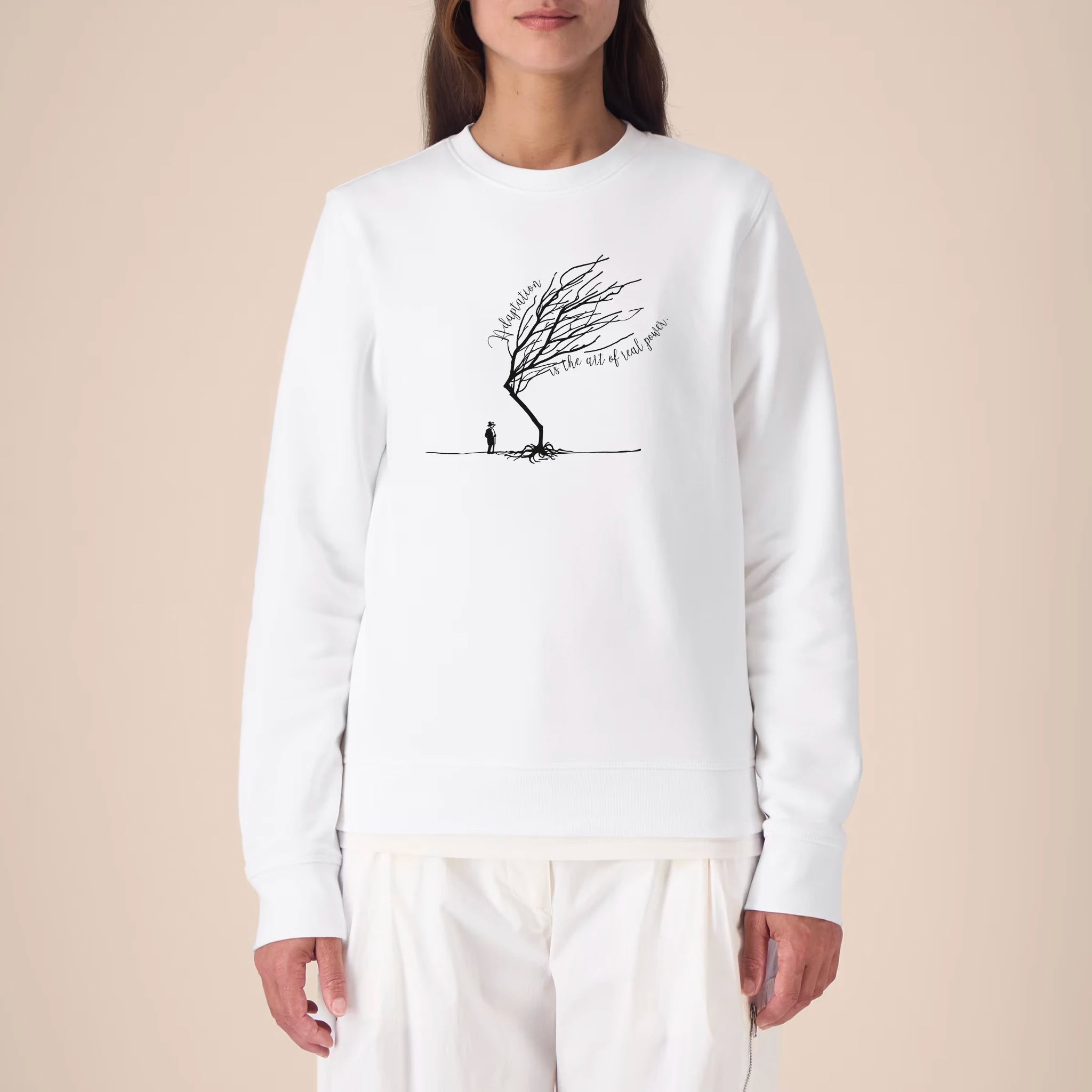 Unisex Midweight Recycled Sweatshirt White model female front Bend Not Break