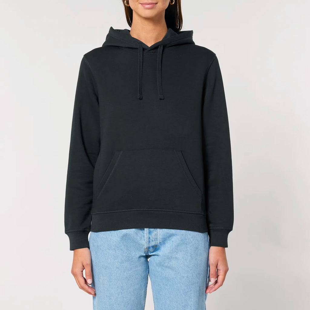 Unisex Organic Midweight Recycled Hoodie Black model female front Life on Display