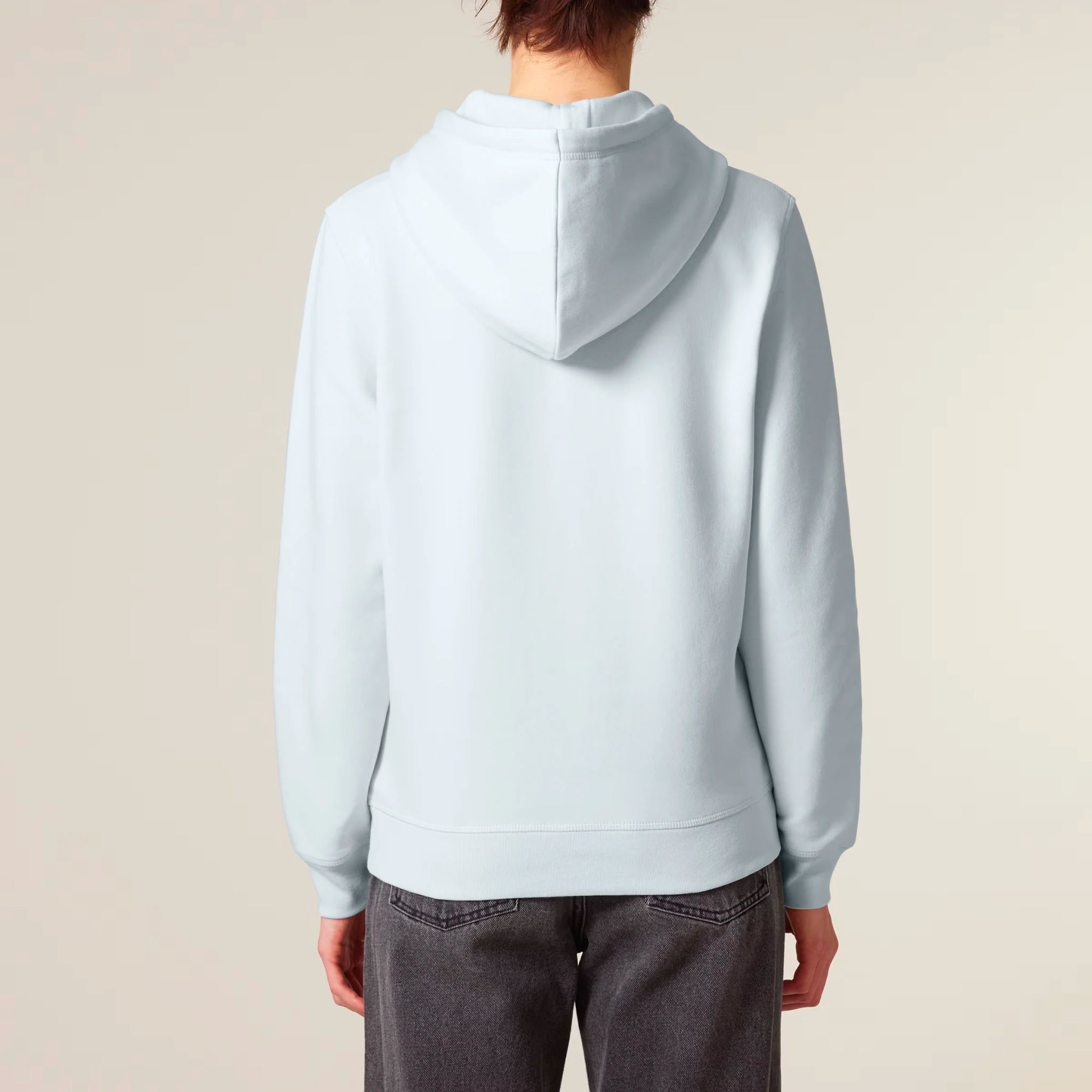 Unisex Organic Midweight Recycled Hoodie Blue Ice model female back Meaningful Life