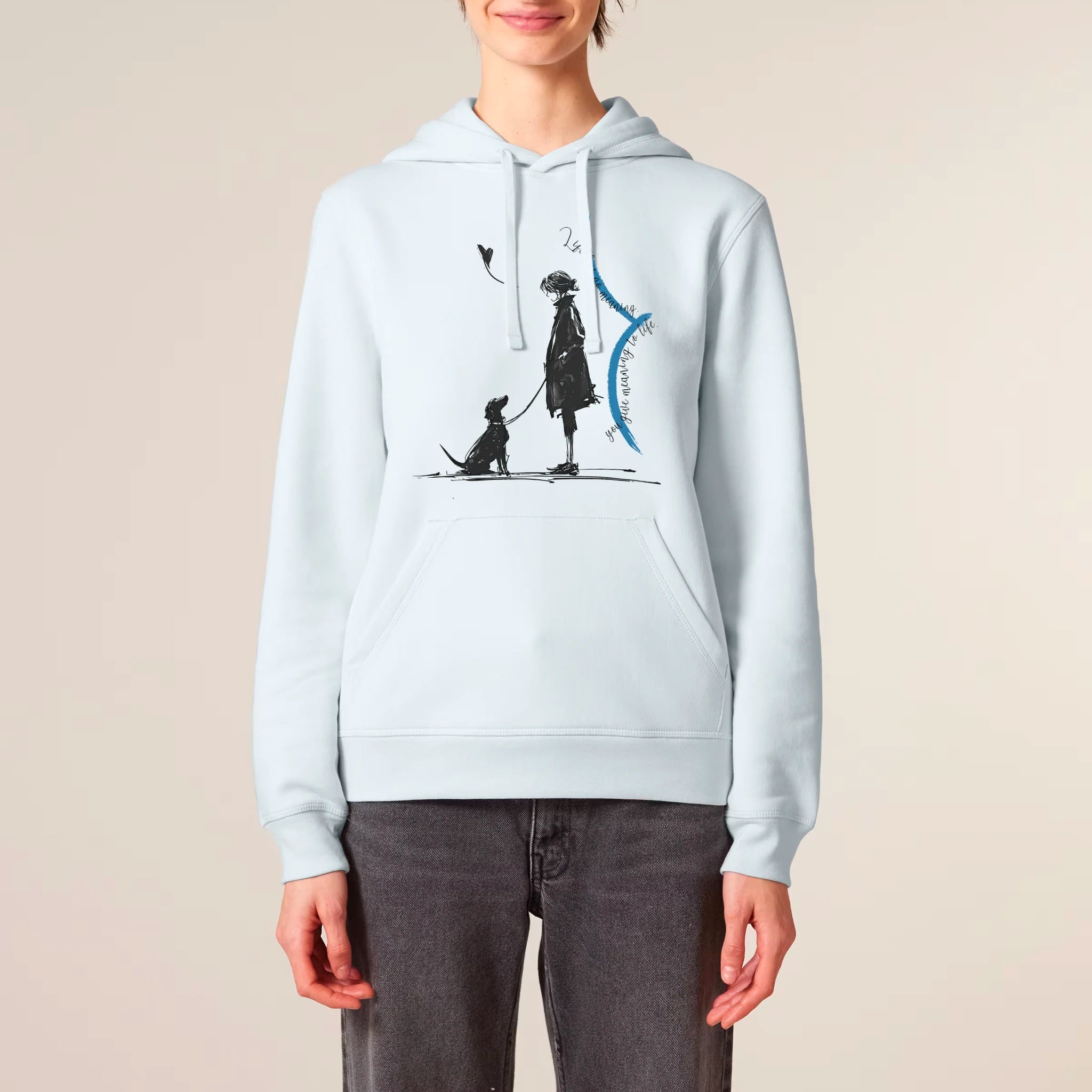 Unisex Organic Midweight Recycled Hoodie Blue Ice model female front Meaningful Life