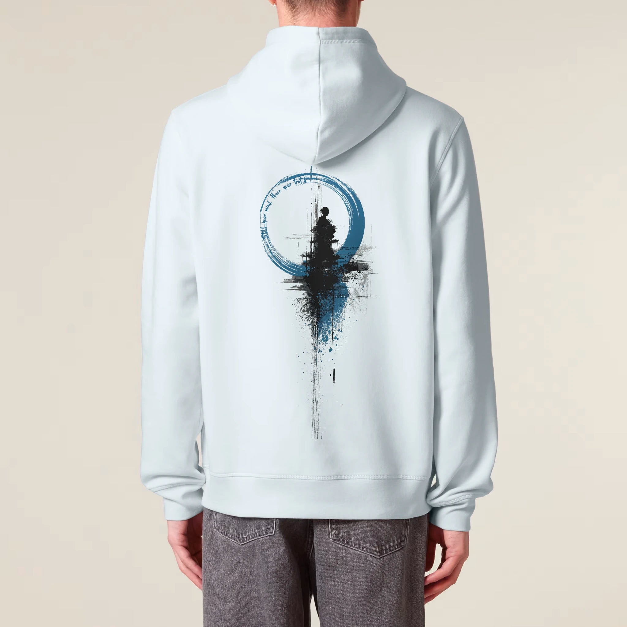 Unisex Organic Midweight Recycled Hoodie Blue Ice model male back Inner Truth