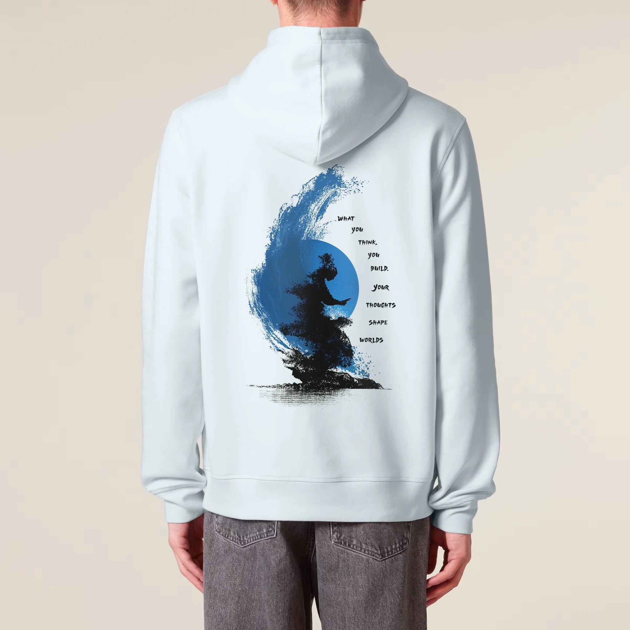 Unisex Organic Midweight Recycled Hoodie Blue Ice model male back No Limits